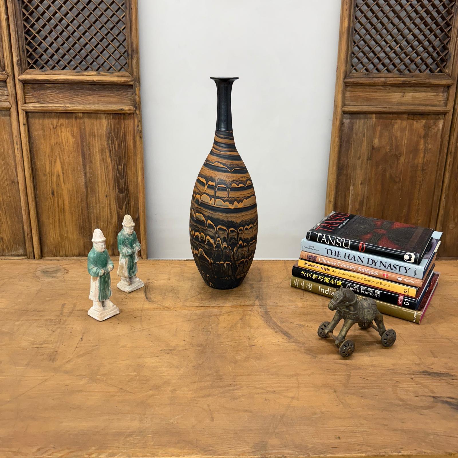 Black &amp; Canyon Brown Ceramic Drip Vase with Fluted Neck - FEA Home
