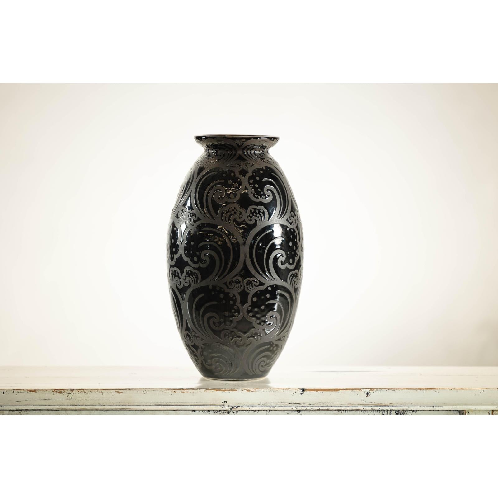 Black Ceramic Vase with Raised Wave Motif and Glossy Finish-10. Asian &amp; Chinese Furniture, Art, Antiques, Vintage Home Décor for sale at FEA Home