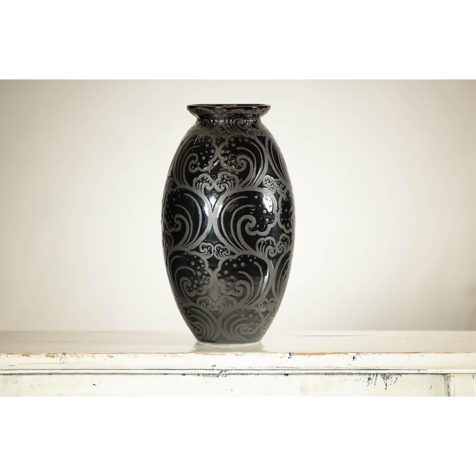 Black Ceramic Vase with Raised Wave Motif and Glossy Finish-11. Asian &amp; Chinese Furniture, Art, Antiques, Vintage Home Décor for sale at FEA Home