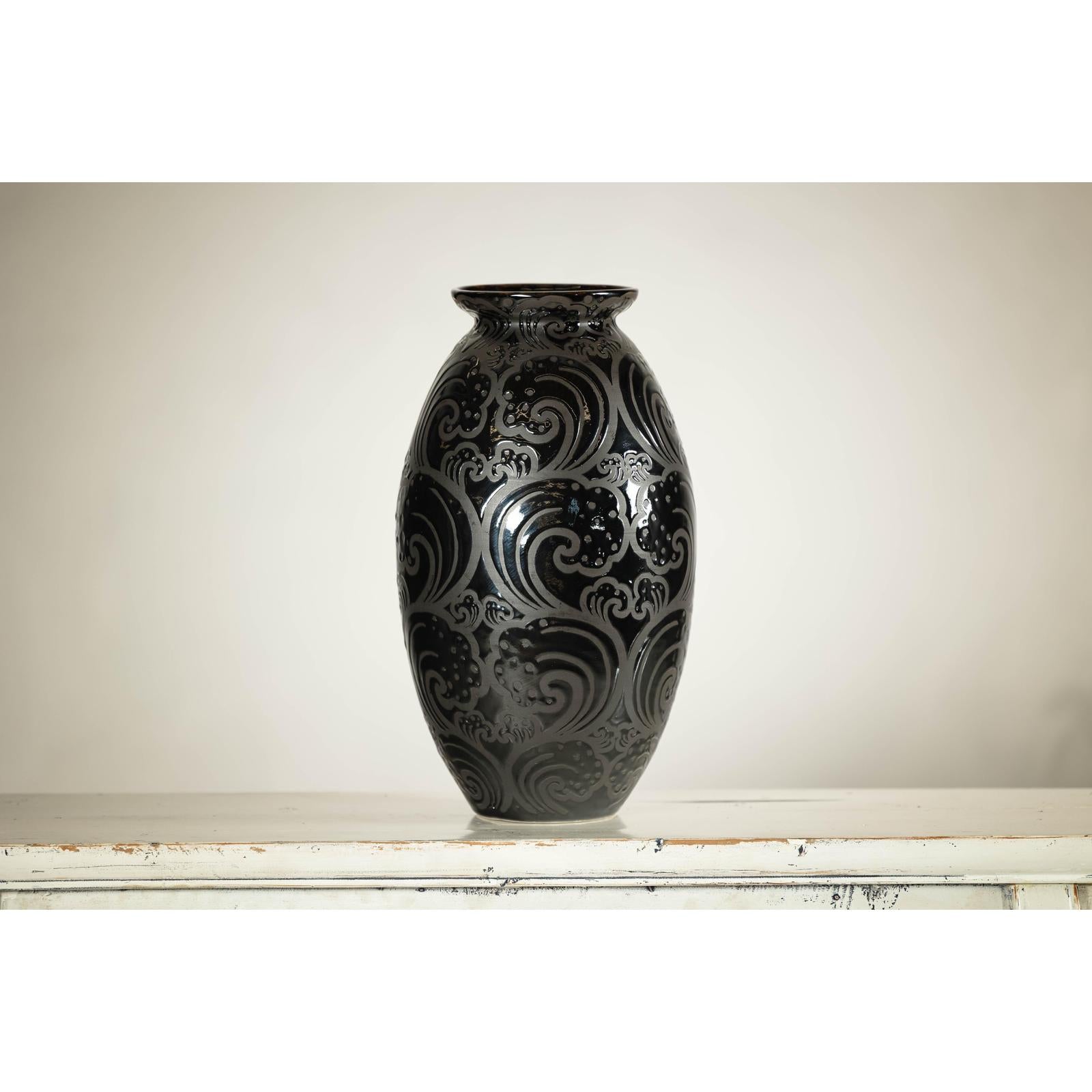 Black Ceramic Vase with Raised Wave Motif and Glossy Finish-13. Asian &amp; Chinese Furniture, Art, Antiques, Vintage Home Décor for sale at FEA Home