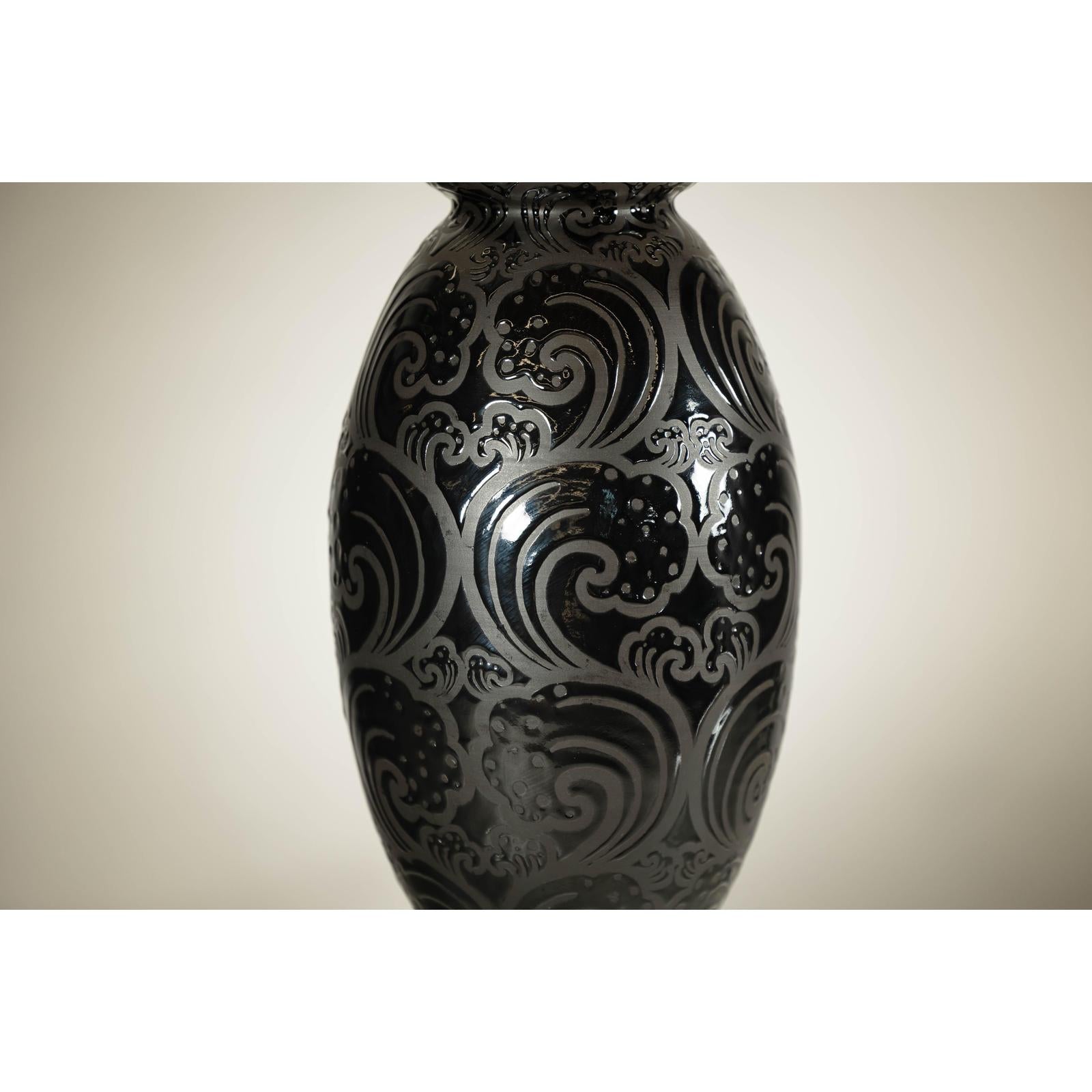 Black Ceramic Vase with Raised Wave Motif and Glossy Finish-14. Asian &amp; Chinese Furniture, Art, Antiques, Vintage Home Décor for sale at FEA Home