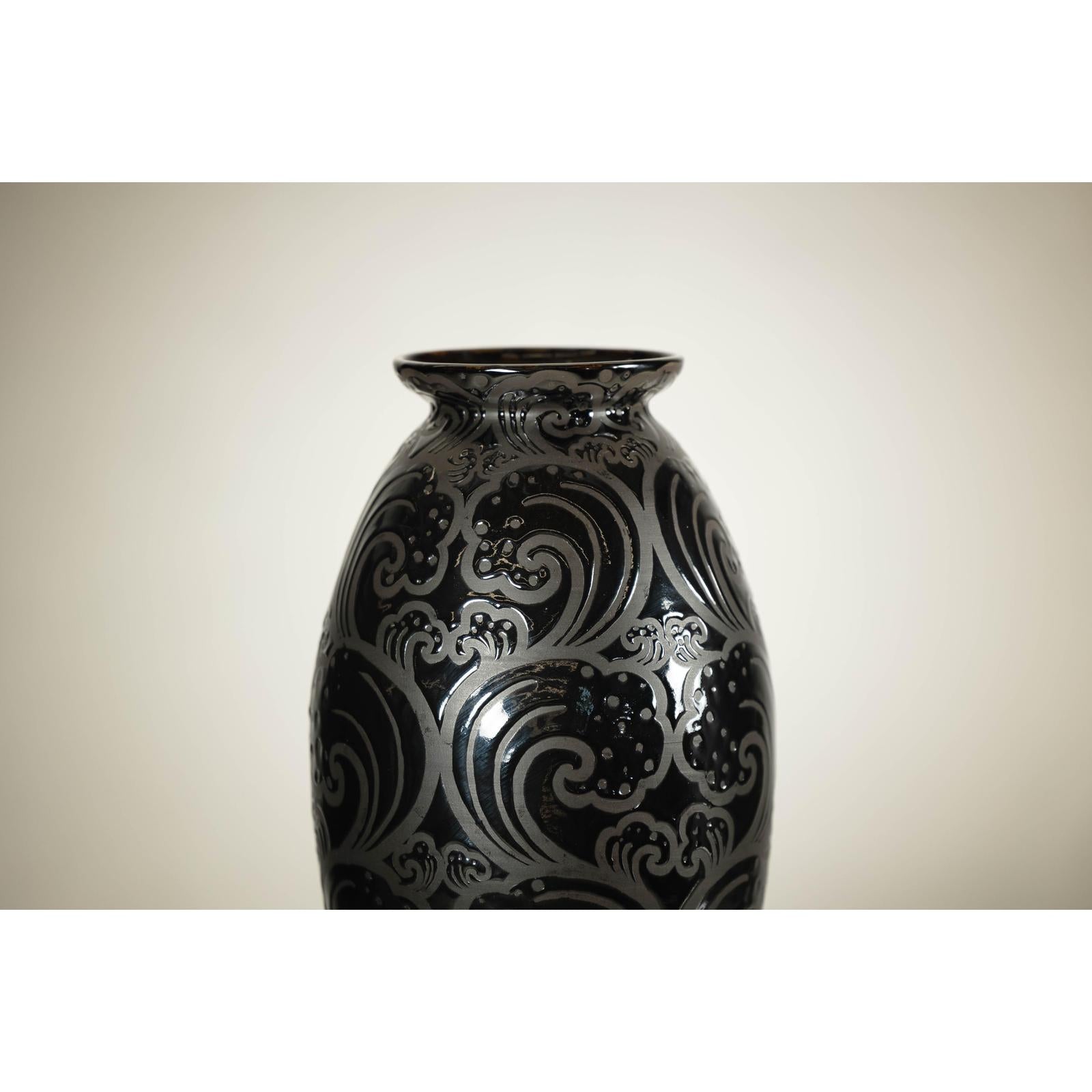 Black Ceramic Vase with Raised Wave Motif and Glossy Finish-15. Asian &amp; Chinese Furniture, Art, Antiques, Vintage Home Décor for sale at FEA Home