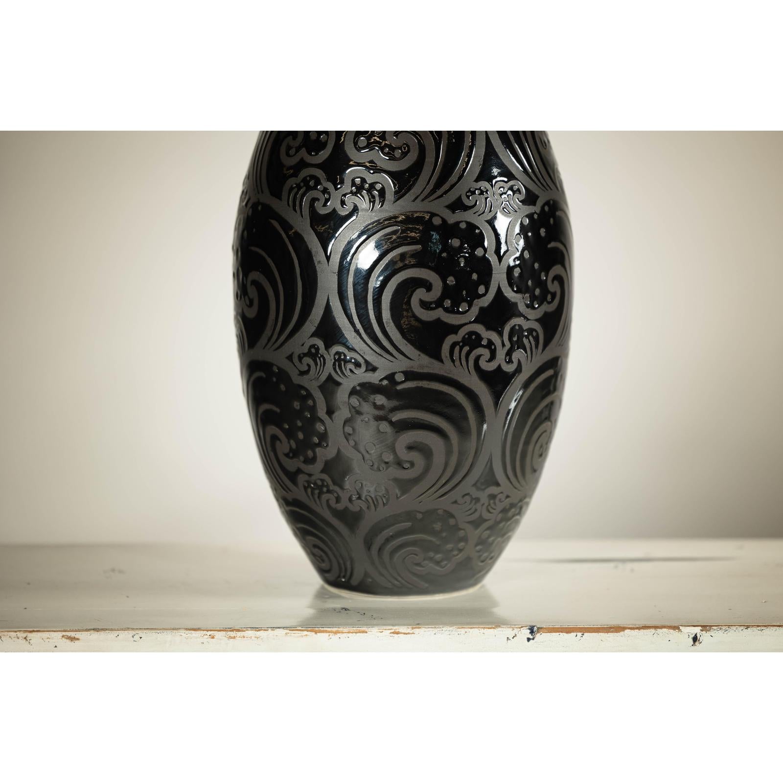 Black Ceramic Vase with Raised Wave Motif and Glossy Finish-16. Asian &amp; Chinese Furniture, Art, Antiques, Vintage Home Décor for sale at FEA Home