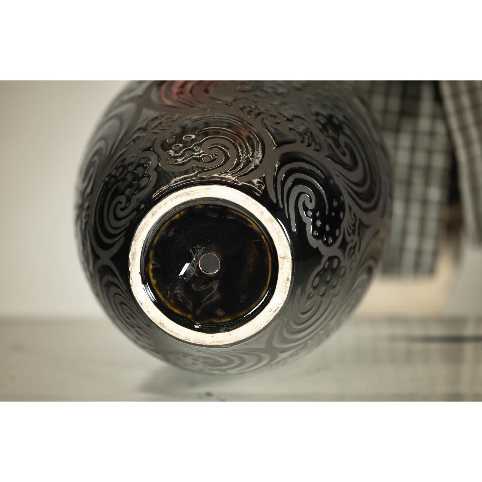 Black Ceramic Vase with Raised Wave Motif and Glossy Finish-17. Asian &amp; Chinese Furniture, Art, Antiques, Vintage Home Décor for sale at FEA Home