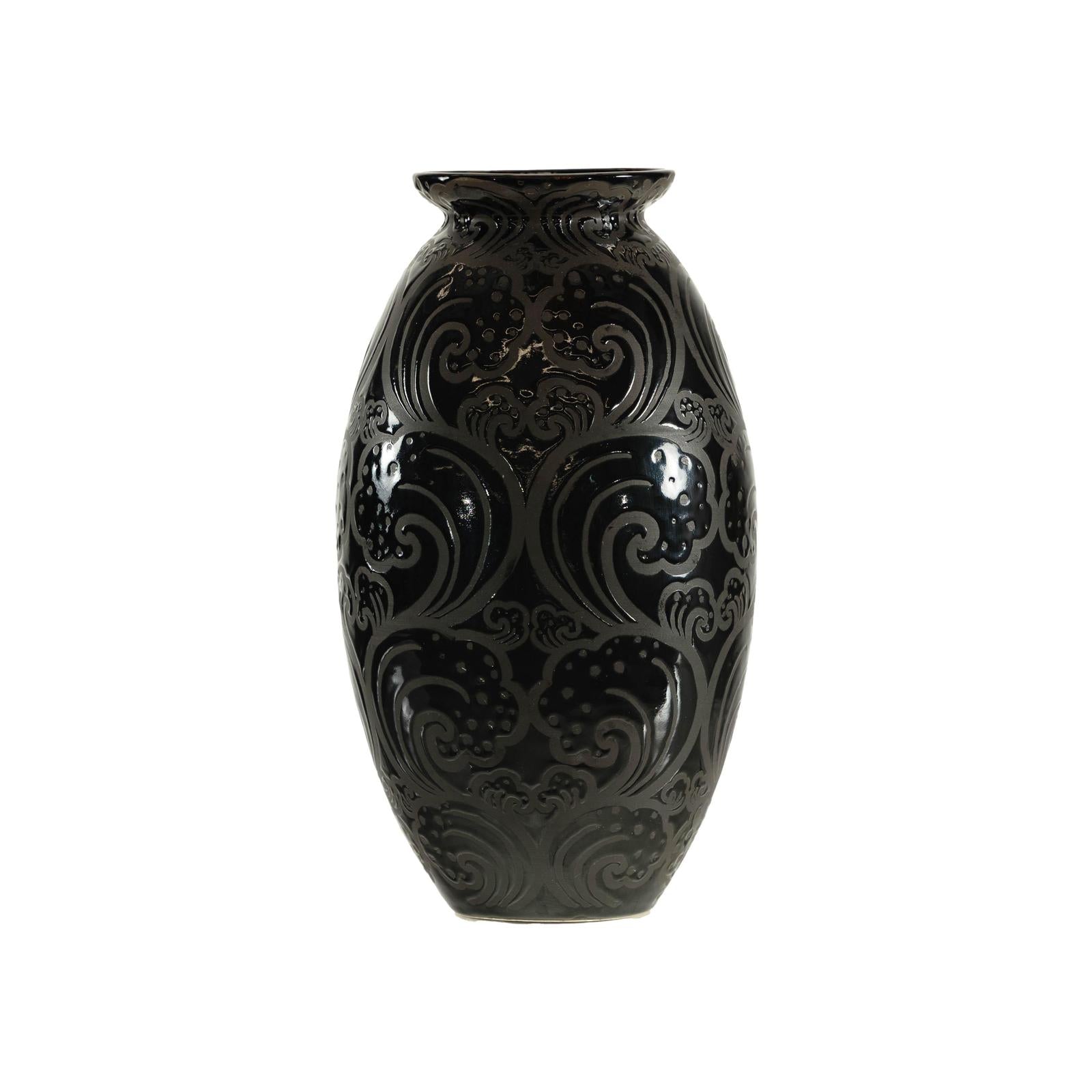 Black Ceramic Vase with Raised Wave Motif and Glossy Finish-18. Asian &amp; Chinese Furniture, Art, Antiques, Vintage Home Décor for sale at FEA Home