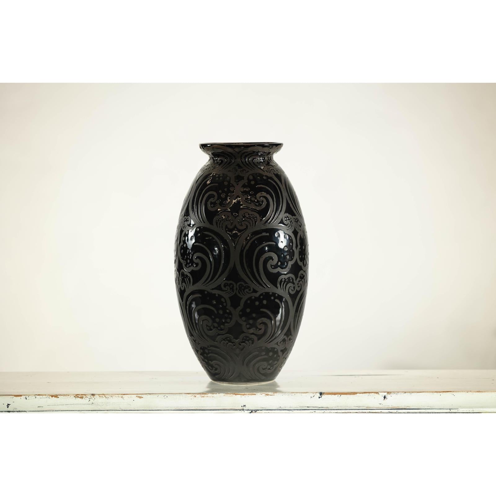 Black Ceramic Vase with Raised Wave Motif and Glossy Finish-4. Asian &amp; Chinese Furniture, Art, Antiques, Vintage Home Décor for sale at FEA Home