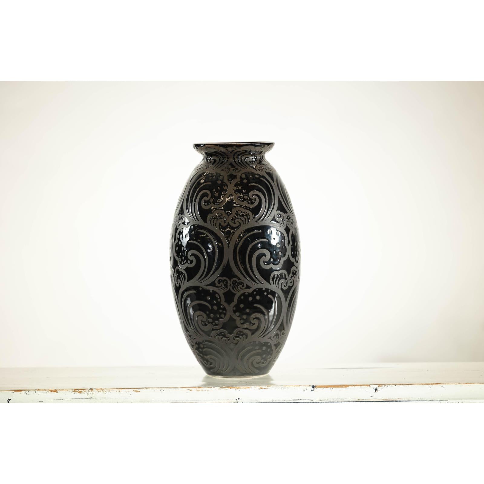 Black Ceramic Vase with Raised Wave Motif and Glossy Finish-5. Asian &amp; Chinese Furniture, Art, Antiques, Vintage Home Décor for sale at FEA Home