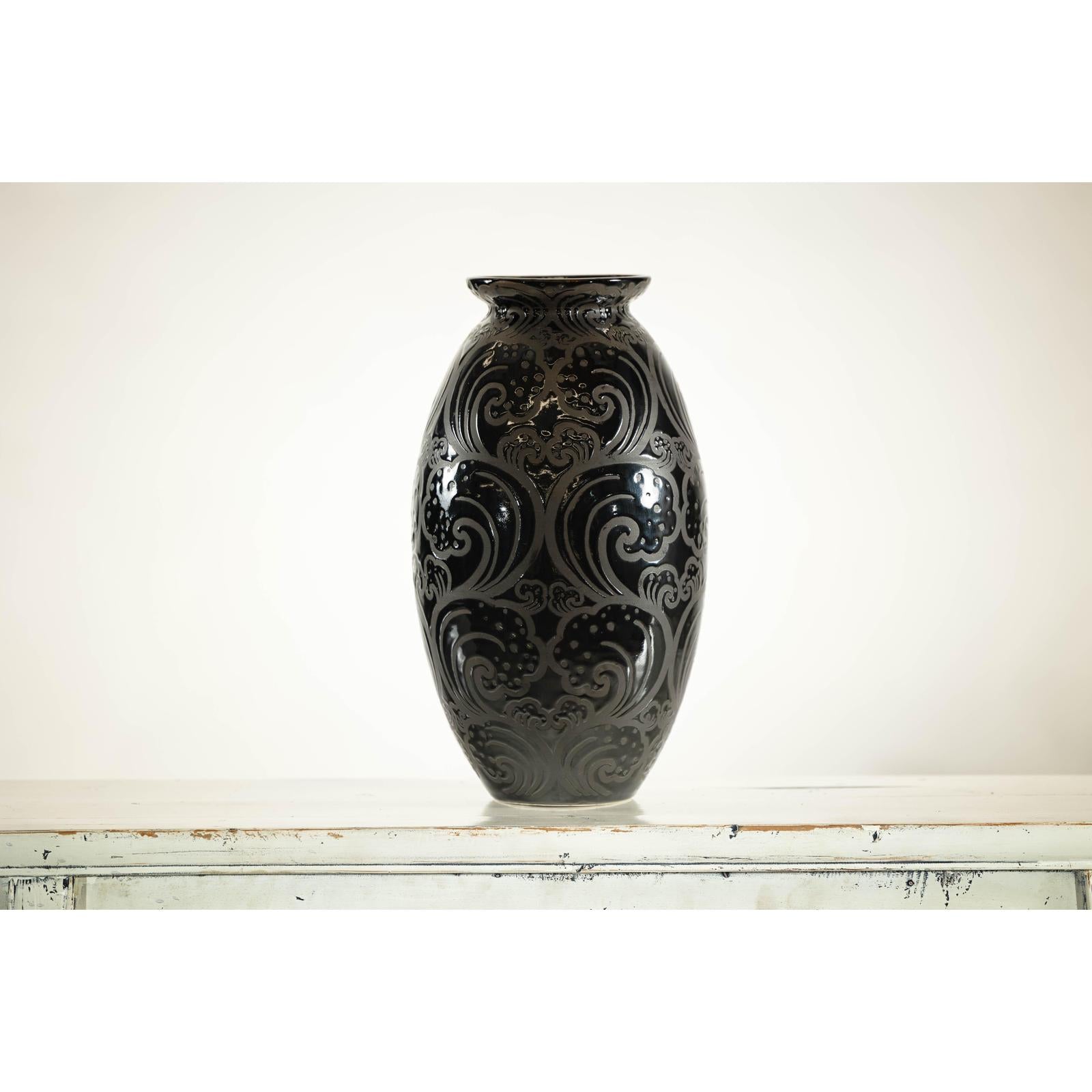 Black Ceramic Vase with Raised Wave Motif and Glossy Finish-6. Asian &amp; Chinese Furniture, Art, Antiques, Vintage Home Décor for sale at FEA Home