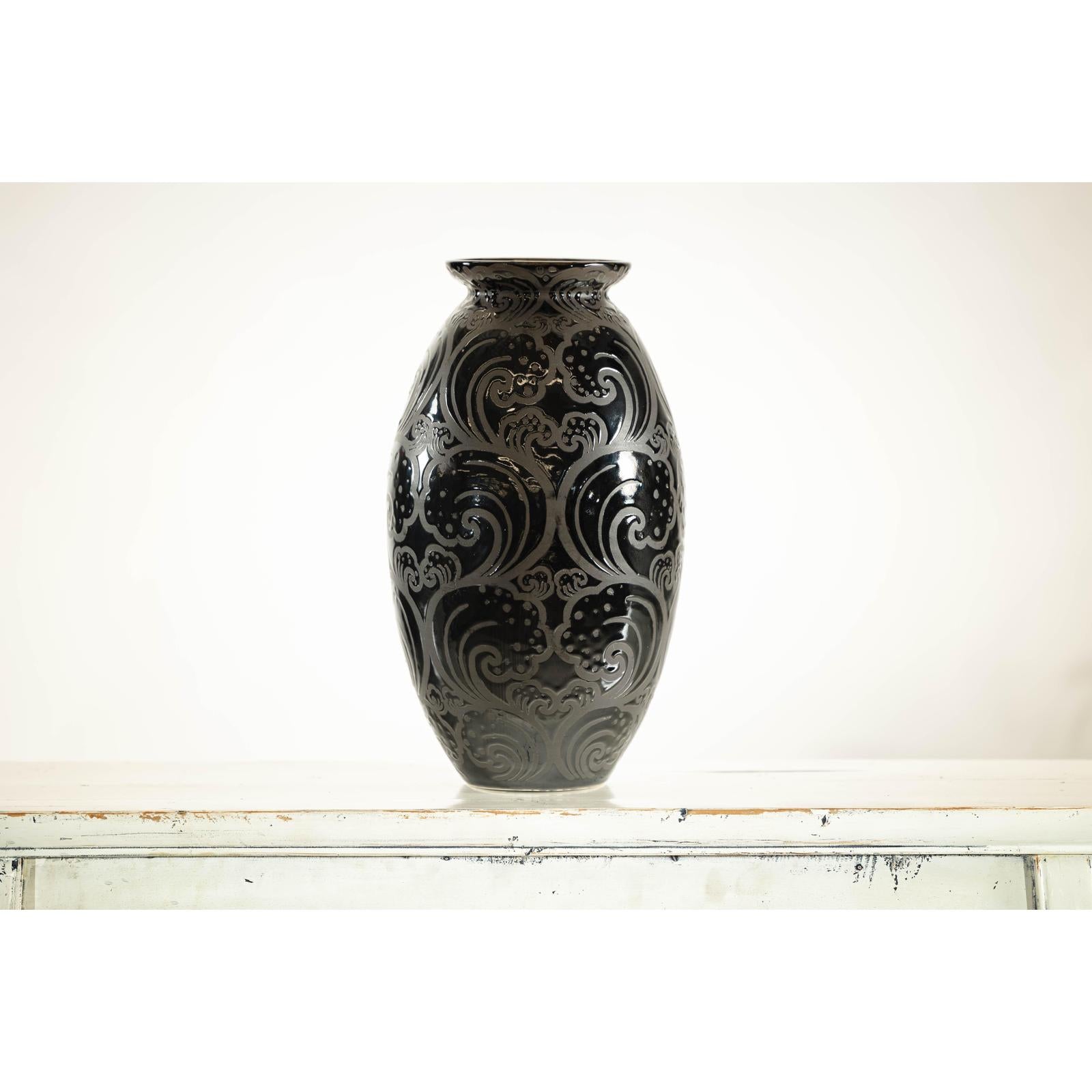 Black Ceramic Vase with Raised Wave Motif and Glossy Finish-7. Asian &amp; Chinese Furniture, Art, Antiques, Vintage Home Décor for sale at FEA Home