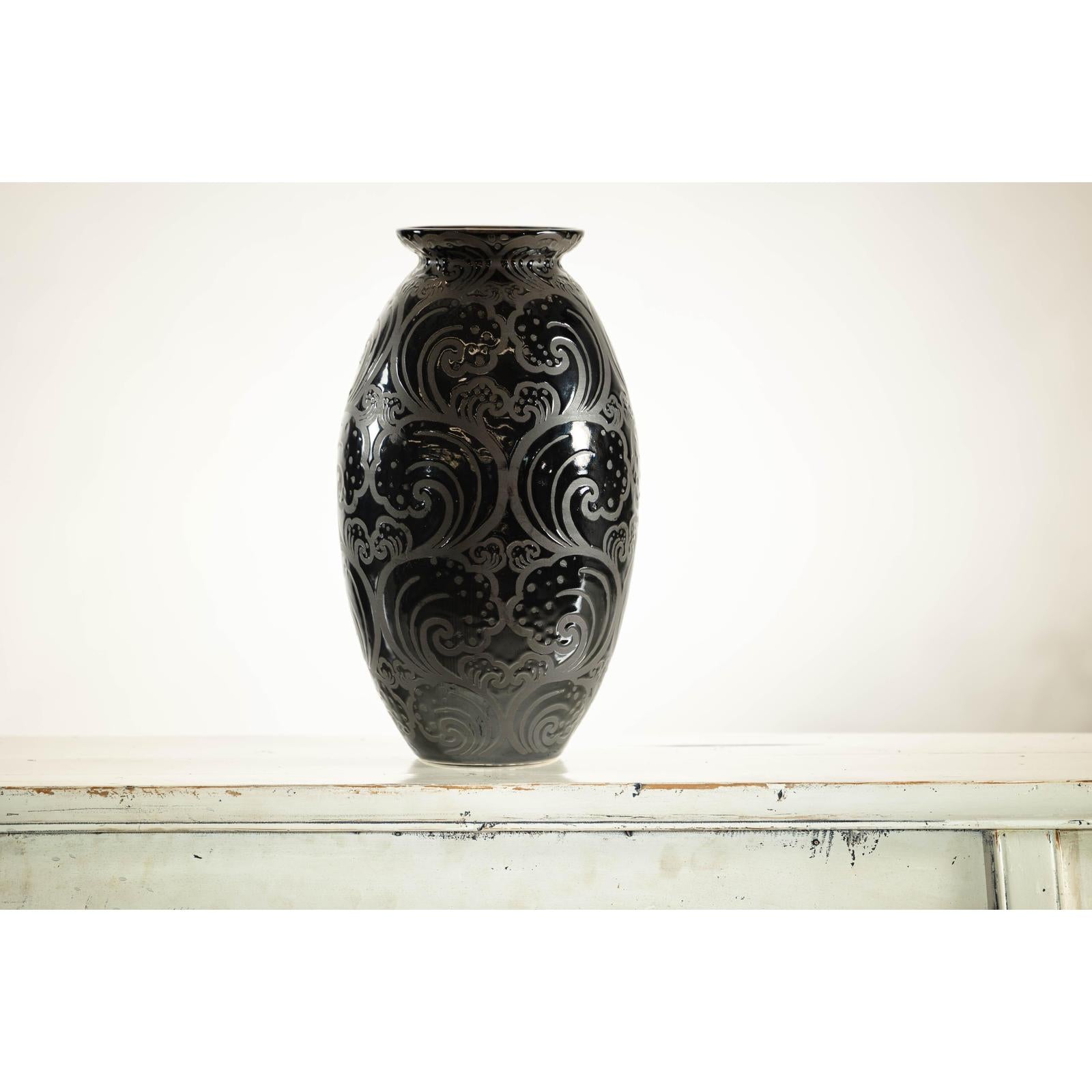 Black Ceramic Vase with Raised Wave Motif and Glossy Finish-8. Asian &amp; Chinese Furniture, Art, Antiques, Vintage Home Décor for sale at FEA Home