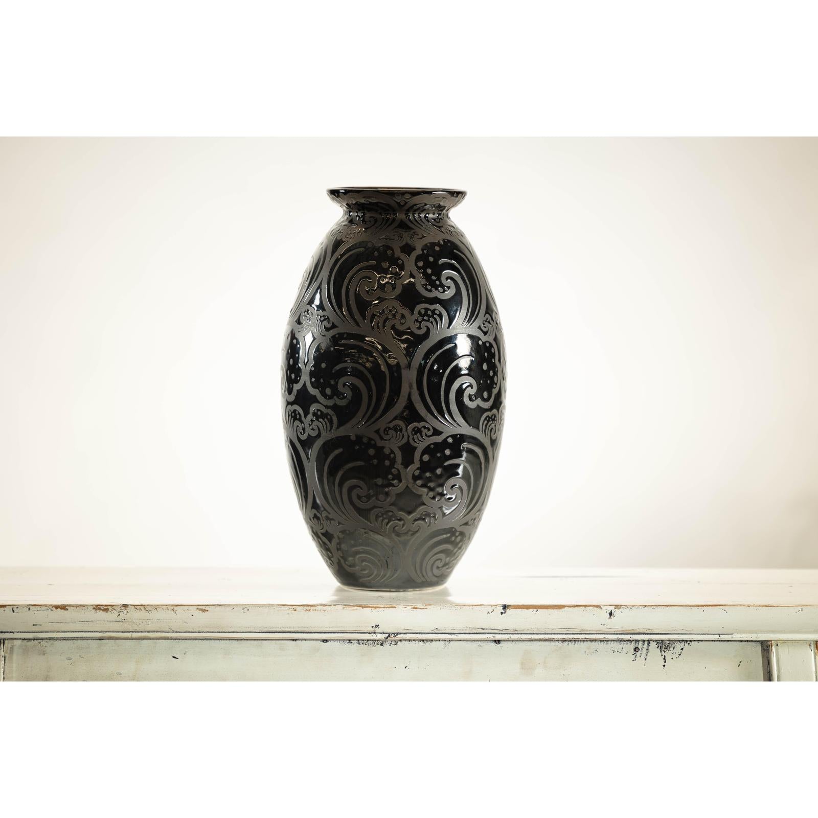 Black Ceramic Vase with Raised Wave Motif and Glossy Finish-9. Asian &amp; Chinese Furniture, Art, Antiques, Vintage Home Décor for sale at FEA Home
