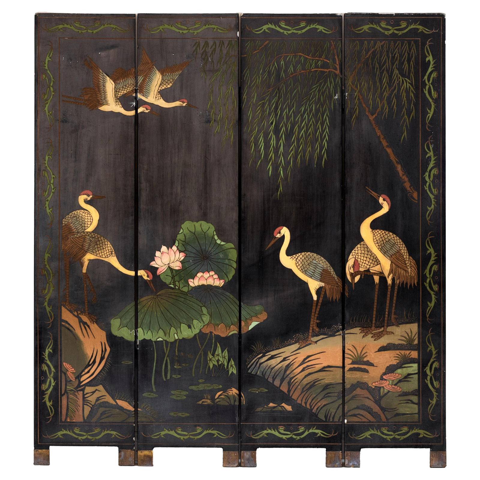 Black Lacquer Four-Panel Hand-Painted Screen with Red-Crown Cranes -Vintage-1. Asian & Chinese Furniture, Art, Antiques, Vintage Home Décor for sale at FEA Home