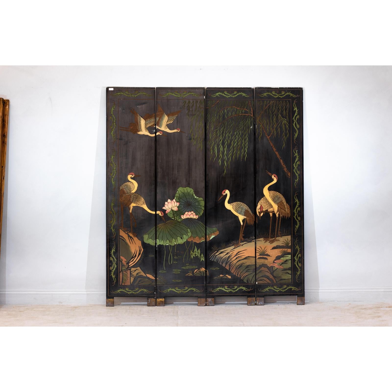 Black Lacquer Four-Panel Hand-Painted Screen with Red-Crown Cranes -Vintage-10. Asian &amp; Chinese Furniture, Art, Antiques, Vintage Home Décor for sale at FEA Home