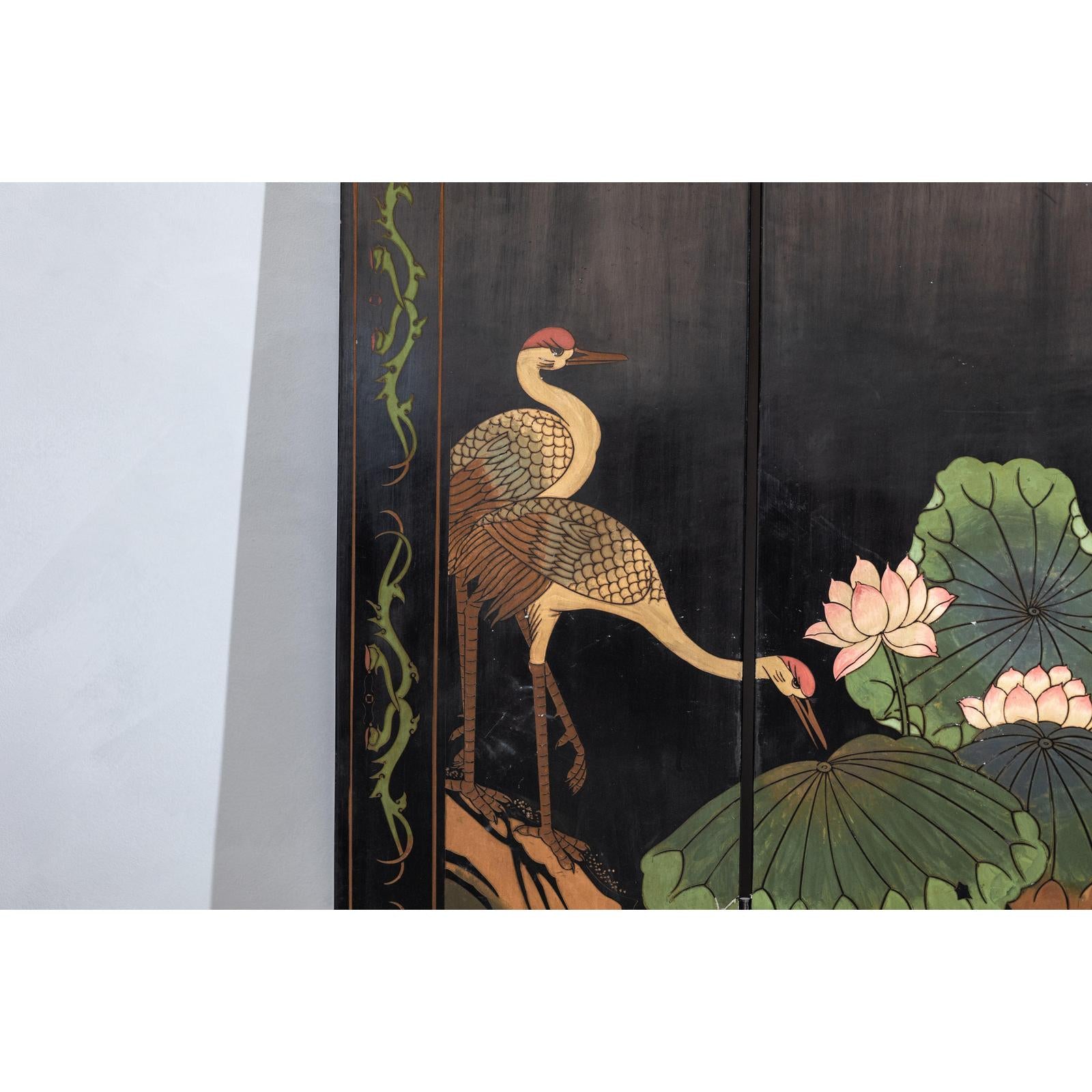 Black Lacquer Four-Panel Hand-Painted Screen with Red-Crown Cranes -Vintage-11. Asian &amp; Chinese Furniture, Art, Antiques, Vintage Home Décor for sale at FEA Home