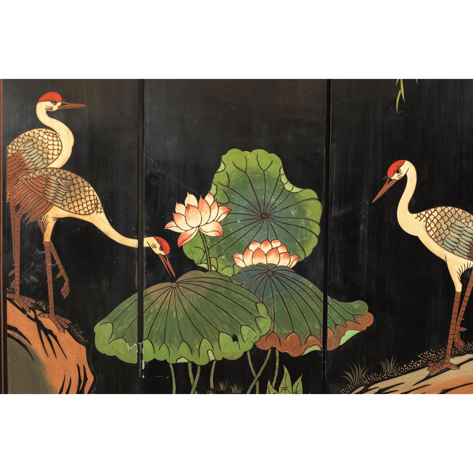Black Lacquer Four-Panel Hand-Painted Screen with Red-Crown Cranes -Vintage-12. Asian &amp; Chinese Furniture, Art, Antiques, Vintage Home Décor for sale at FEA Home