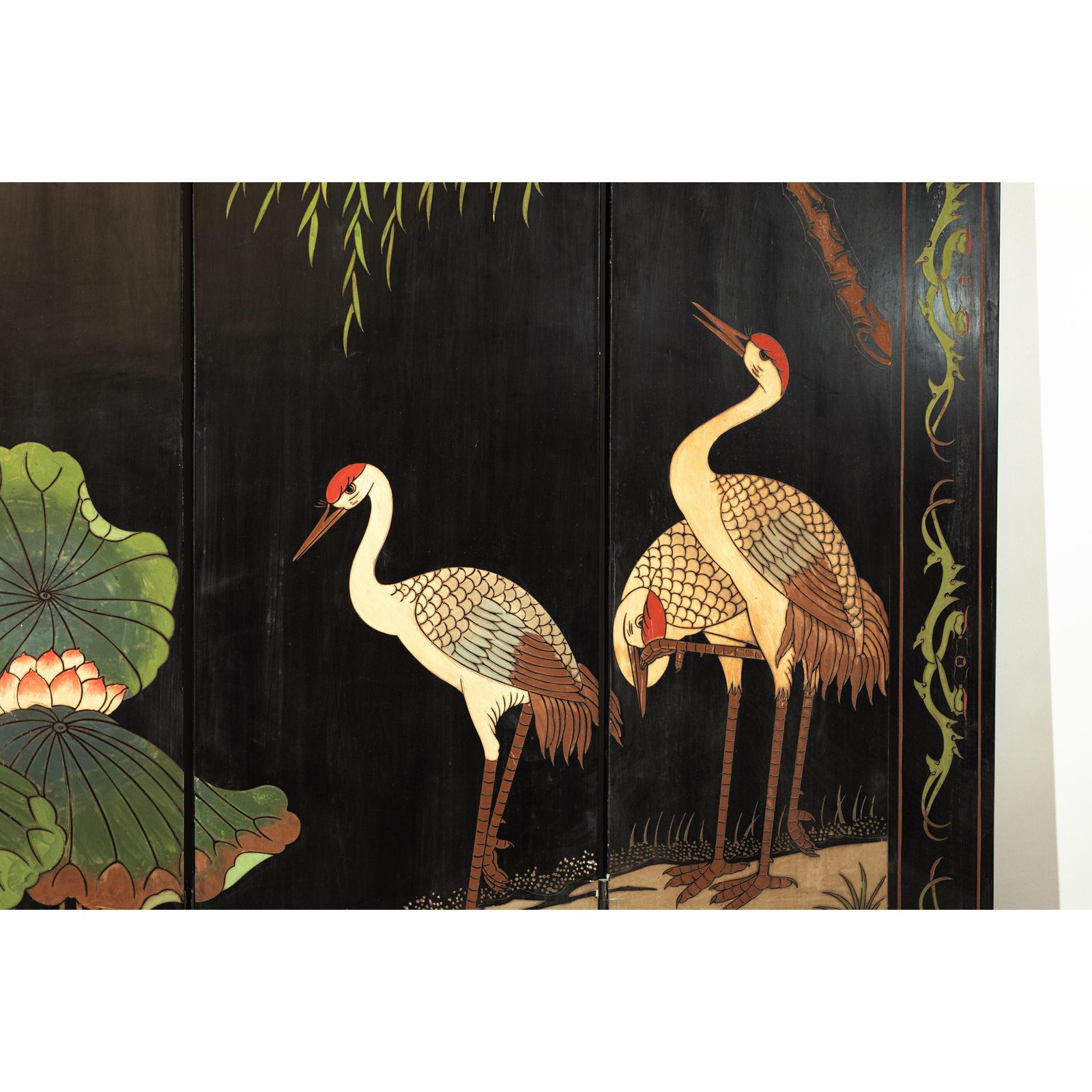Black Lacquer Four-Panel Hand-Painted Screen with Red-Crown Cranes -Vintage-13. Asian &amp; Chinese Furniture, Art, Antiques, Vintage Home Décor for sale at FEA Home