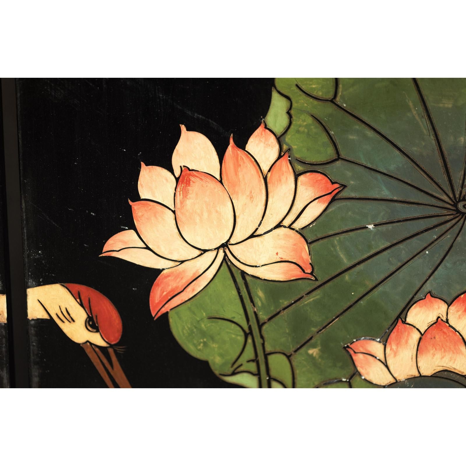 Black Lacquer Four-Panel Hand-Painted Screen with Red-Crown Cranes -Vintage-14. Asian &amp; Chinese Furniture, Art, Antiques, Vintage Home Décor for sale at FEA Home