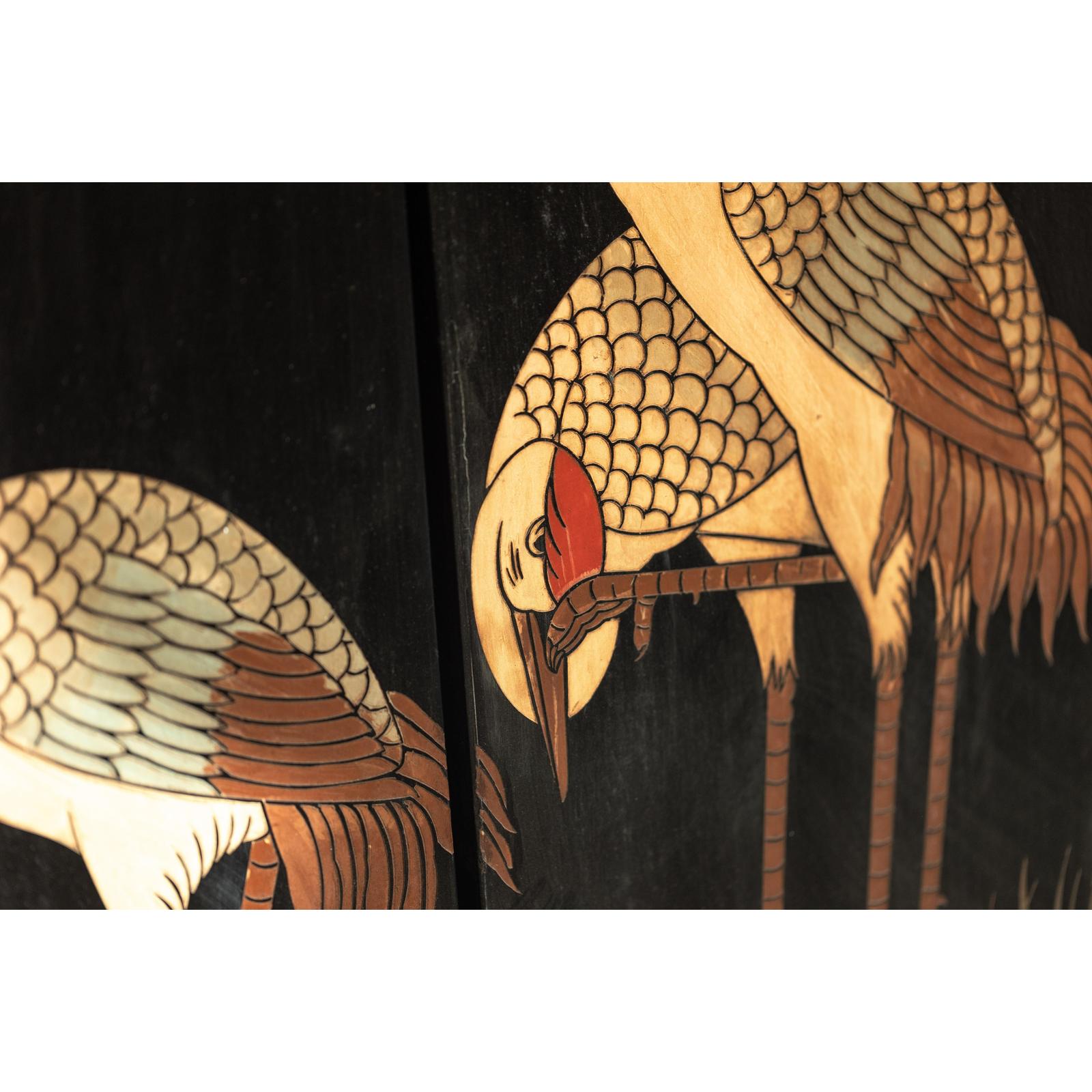 Black Lacquer Four-Panel Hand-Painted Screen with Red-Crown Cranes -Vintage-15. Asian &amp; Chinese Furniture, Art, Antiques, Vintage Home Décor for sale at FEA Home