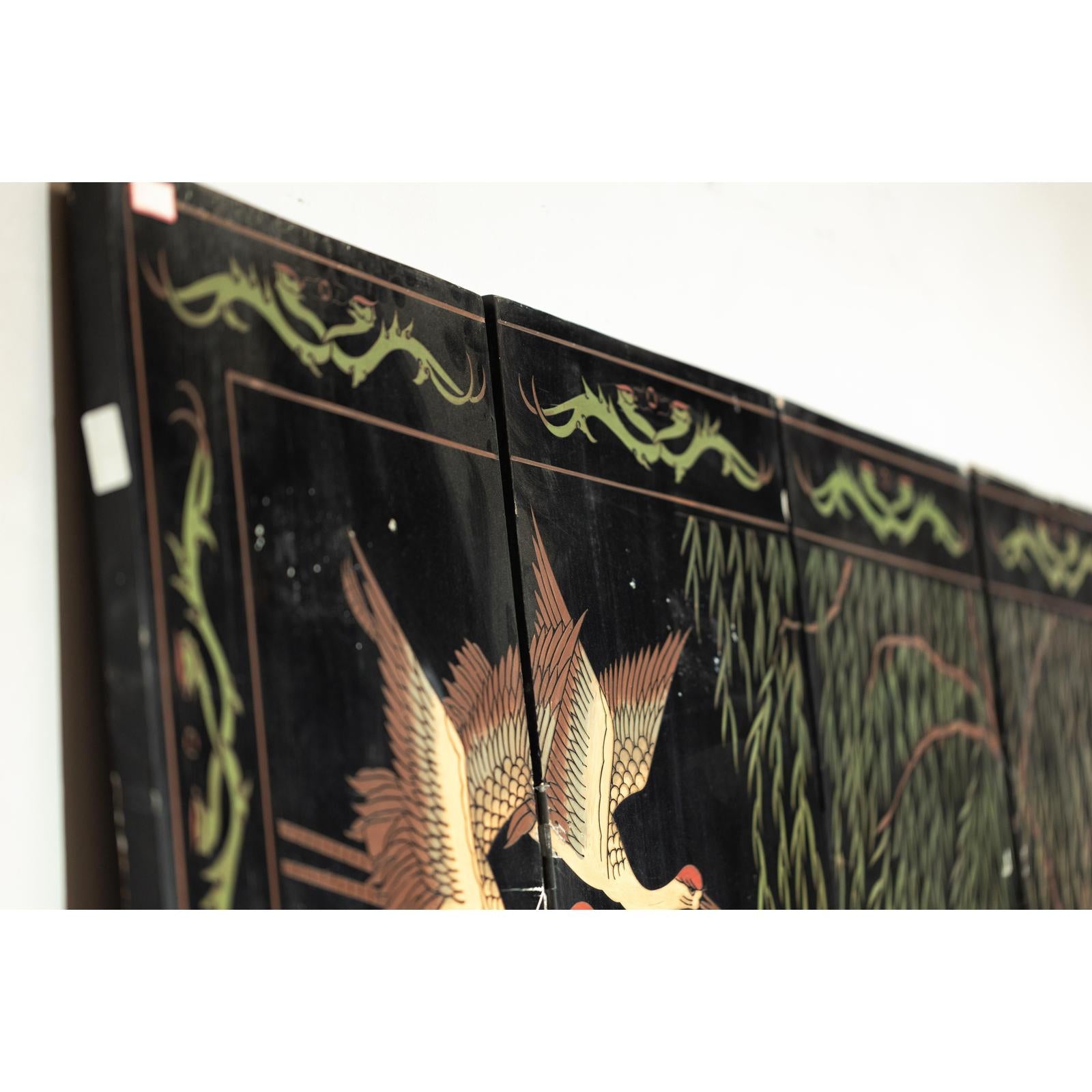 Black Lacquer Four-Panel Hand-Painted Screen with Red-Crown Cranes -Vintage-16. Asian &amp; Chinese Furniture, Art, Antiques, Vintage Home Décor for sale at FEA Home