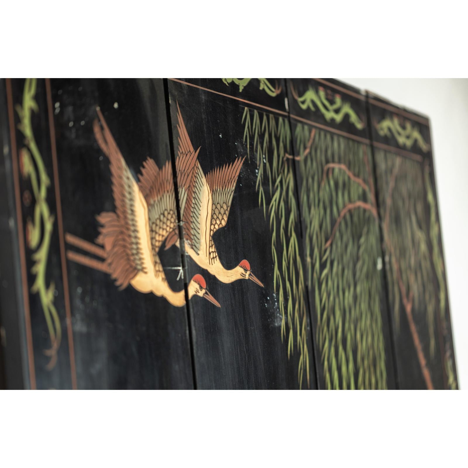 Black Lacquer Four-Panel Hand-Painted Screen with Red-Crown Cranes -Vintage-17. Asian &amp; Chinese Furniture, Art, Antiques, Vintage Home Décor for sale at FEA Home