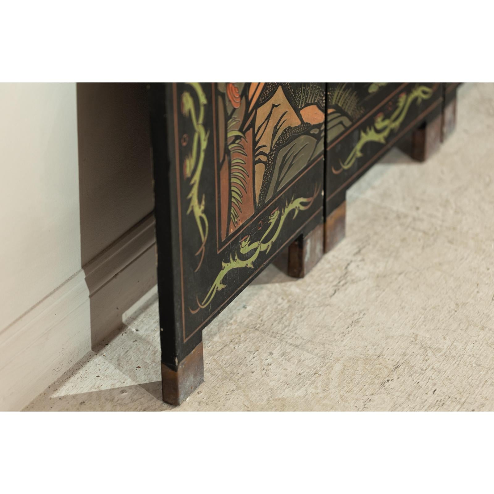 Black Lacquer Four-Panel Hand-Painted Screen with Red-Crown Cranes -Vintage-19. Asian &amp; Chinese Furniture, Art, Antiques, Vintage Home Décor for sale at FEA Home