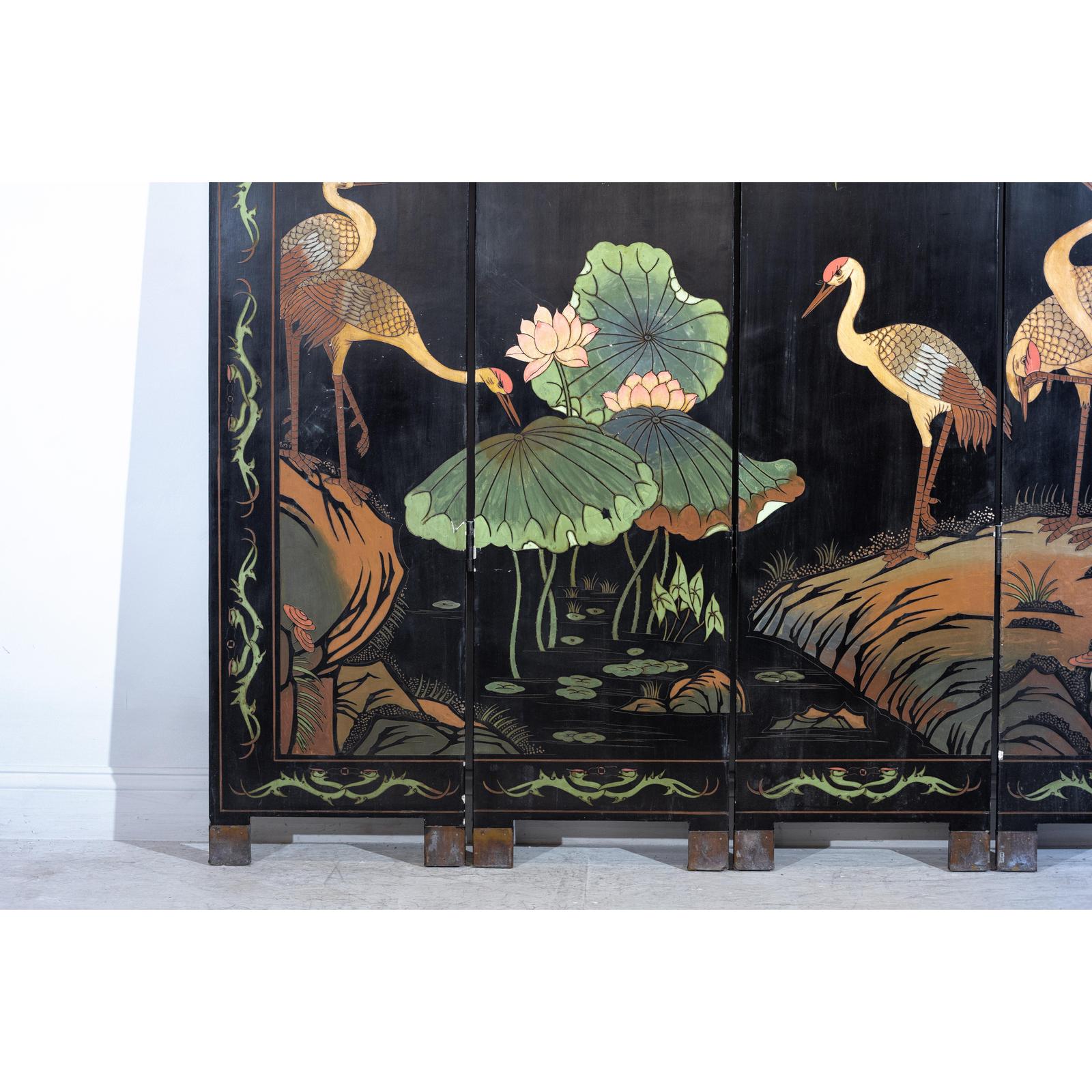 Black Lacquer Four-Panel Hand-Painted Screen with Red-Crown Cranes -Vintage-2. Asian & Chinese Furniture, Art, Antiques, Vintage Home Décor for sale at FEA Home