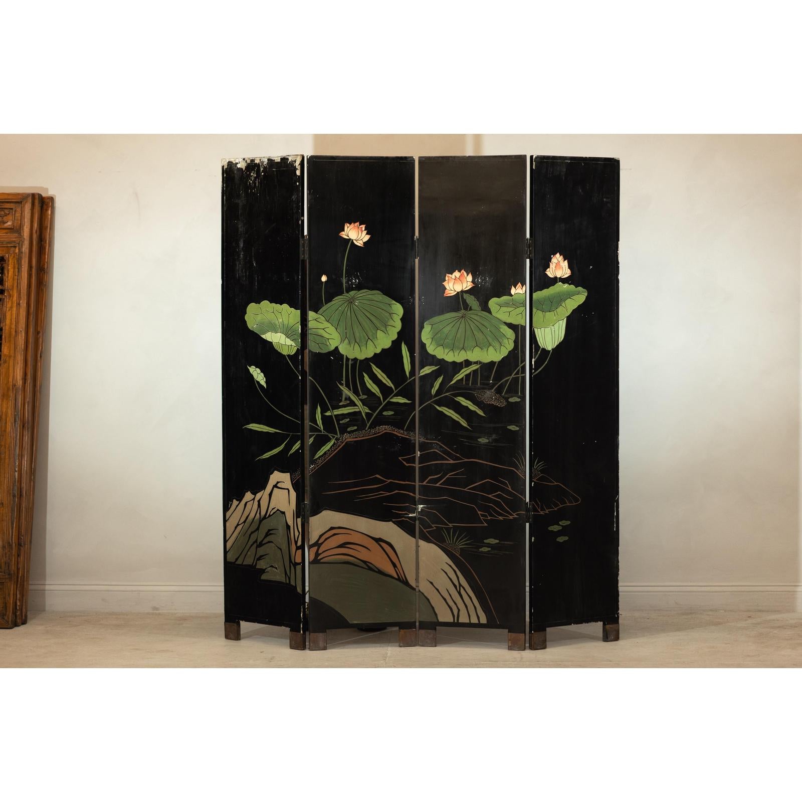 Black Lacquer Four-Panel Hand-Painted Screen with Red-Crown Cranes -Vintage-20. Asian &amp; Chinese Furniture, Art, Antiques, Vintage Home Décor for sale at FEA Home