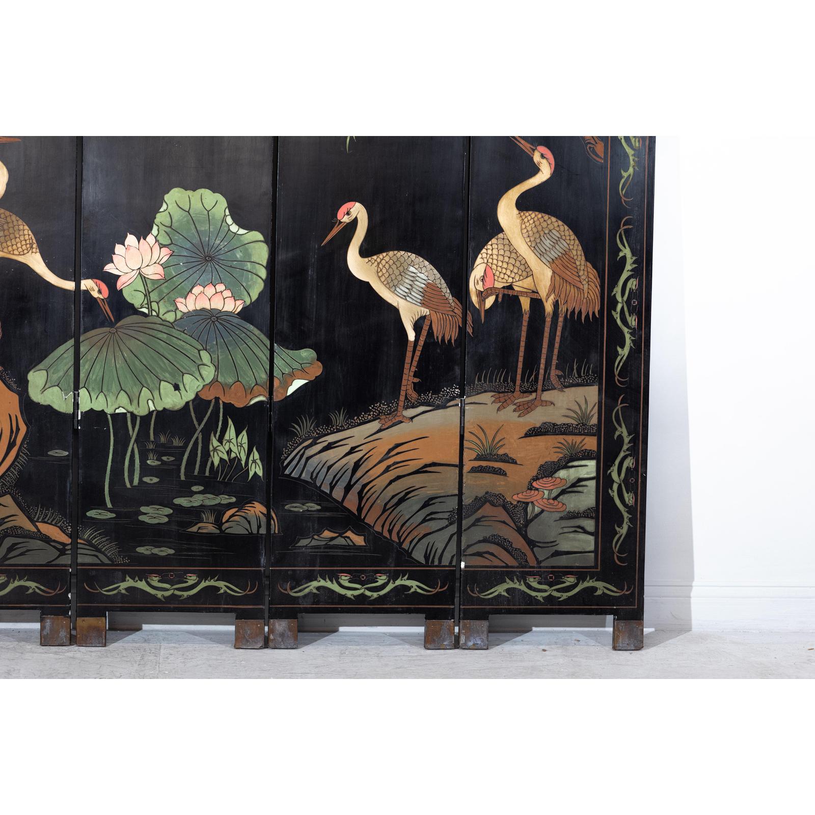 Black Lacquer Four-Panel Hand-Painted Screen with Red-Crown Cranes -Vintage-3. Asian &amp; Chinese Furniture, Art, Antiques, Vintage Home Décor for sale at FEA Home