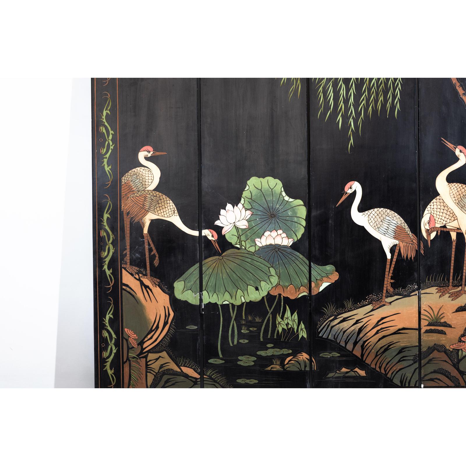 Black Four-Panel Screen with Red-Crown Cranes in Lake | FEA Home