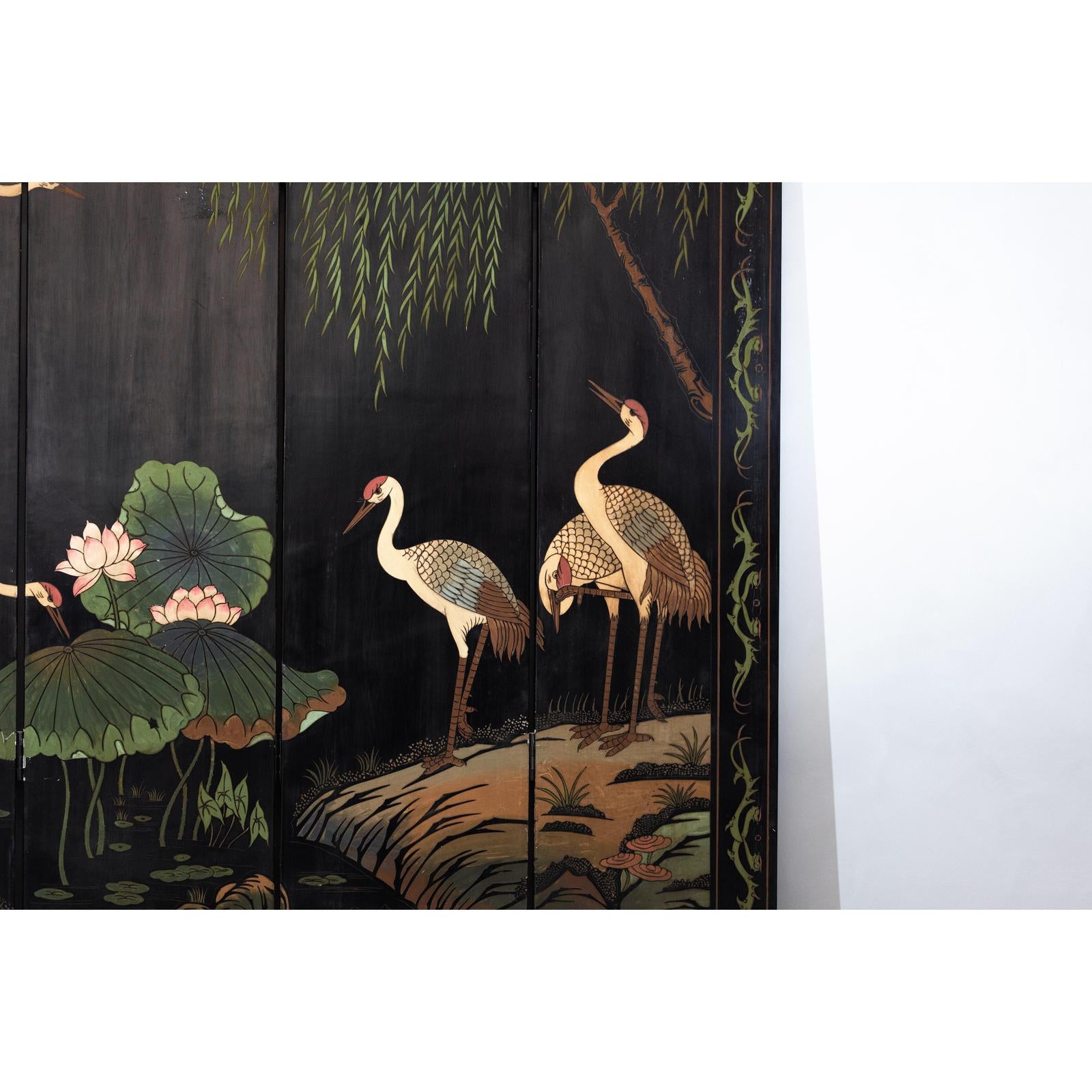 Black Lacquer Four-Panel Hand-Painted Screen with Red-Crown Cranes -Vintage-5. Asian &amp; Chinese Furniture, Art, Antiques, Vintage Home Décor for sale at FEA Home