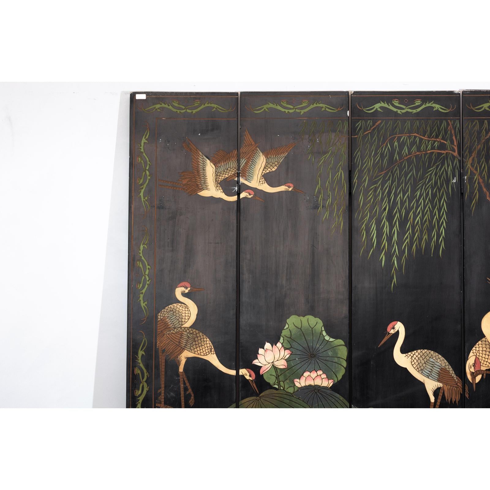 Black Lacquer Four-Panel Hand-Painted Screen with Red-Crown Cranes -Vintage-6. Asian &amp; Chinese Furniture, Art, Antiques, Vintage Home Décor for sale at FEA Home