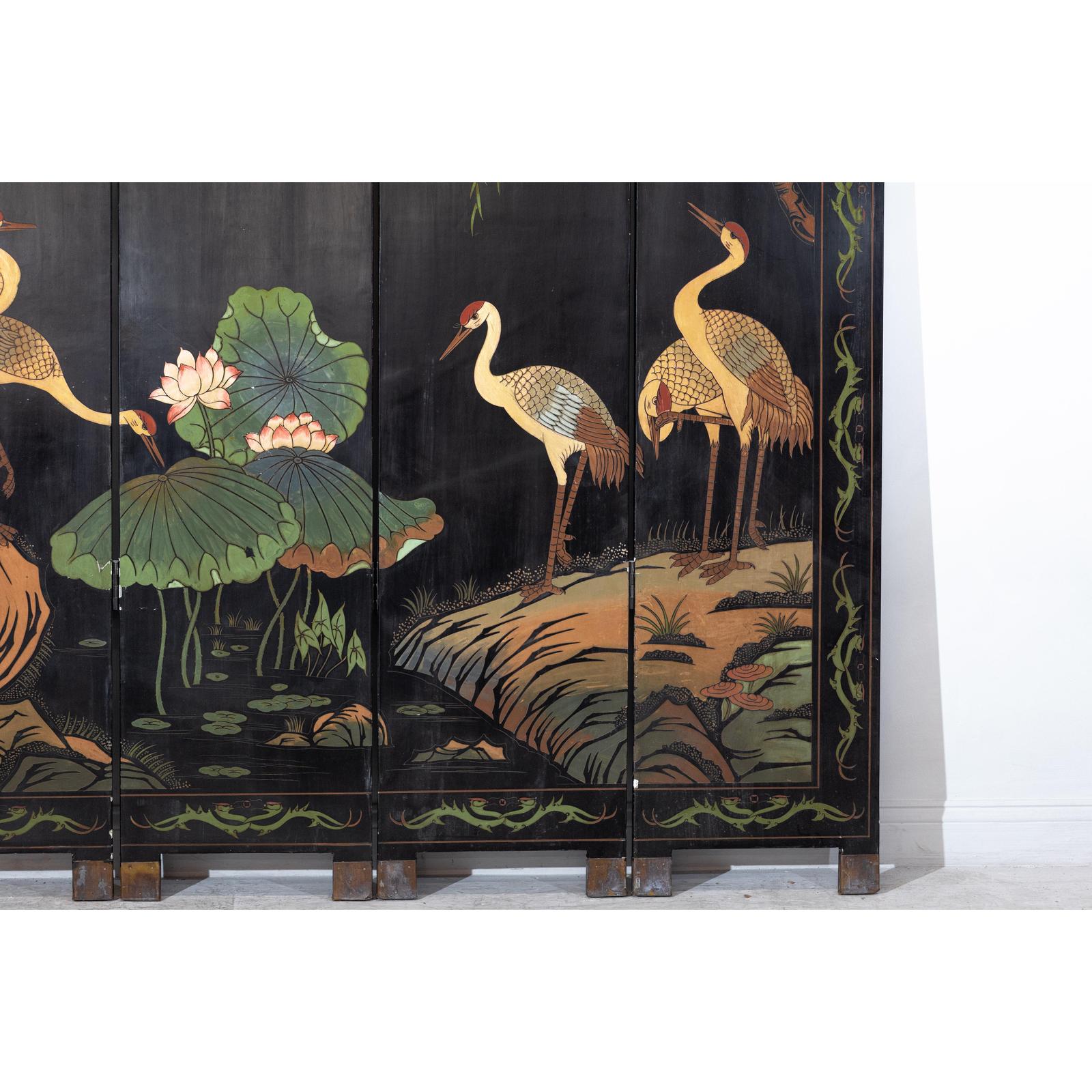Black Lacquer Four-Panel Hand-Painted Screen with Red-Crown Cranes -Vintage-7. Asian &amp; Chinese Furniture, Art, Antiques, Vintage Home Décor for sale at FEA Home