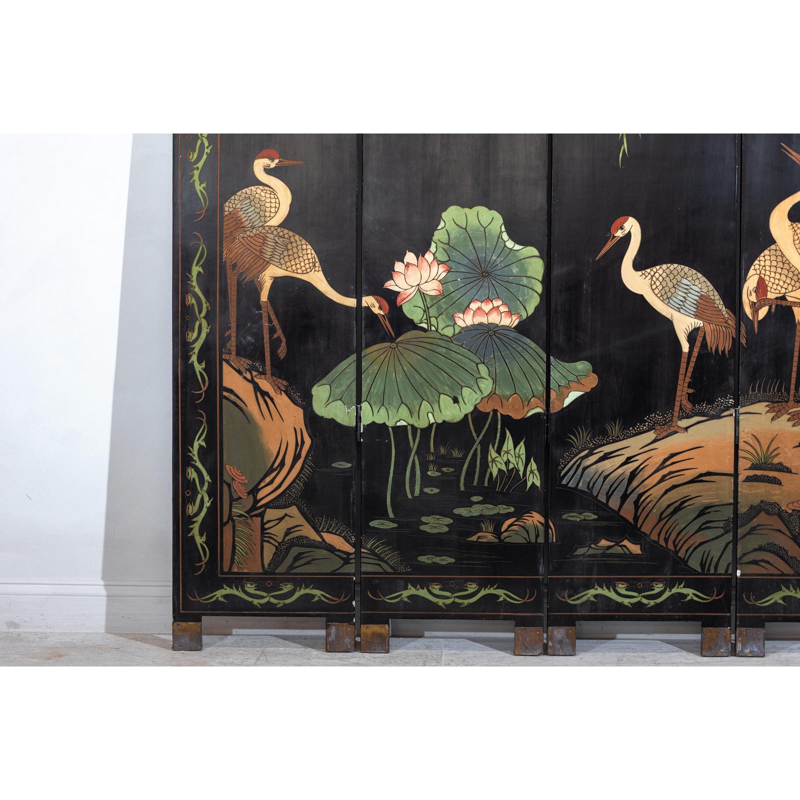 Black Lacquer Four-Panel Hand-Painted Screen with Red-Crown Cranes -Vintage-8. Asian &amp; Chinese Furniture, Art, Antiques, Vintage Home Décor for sale at FEA Home