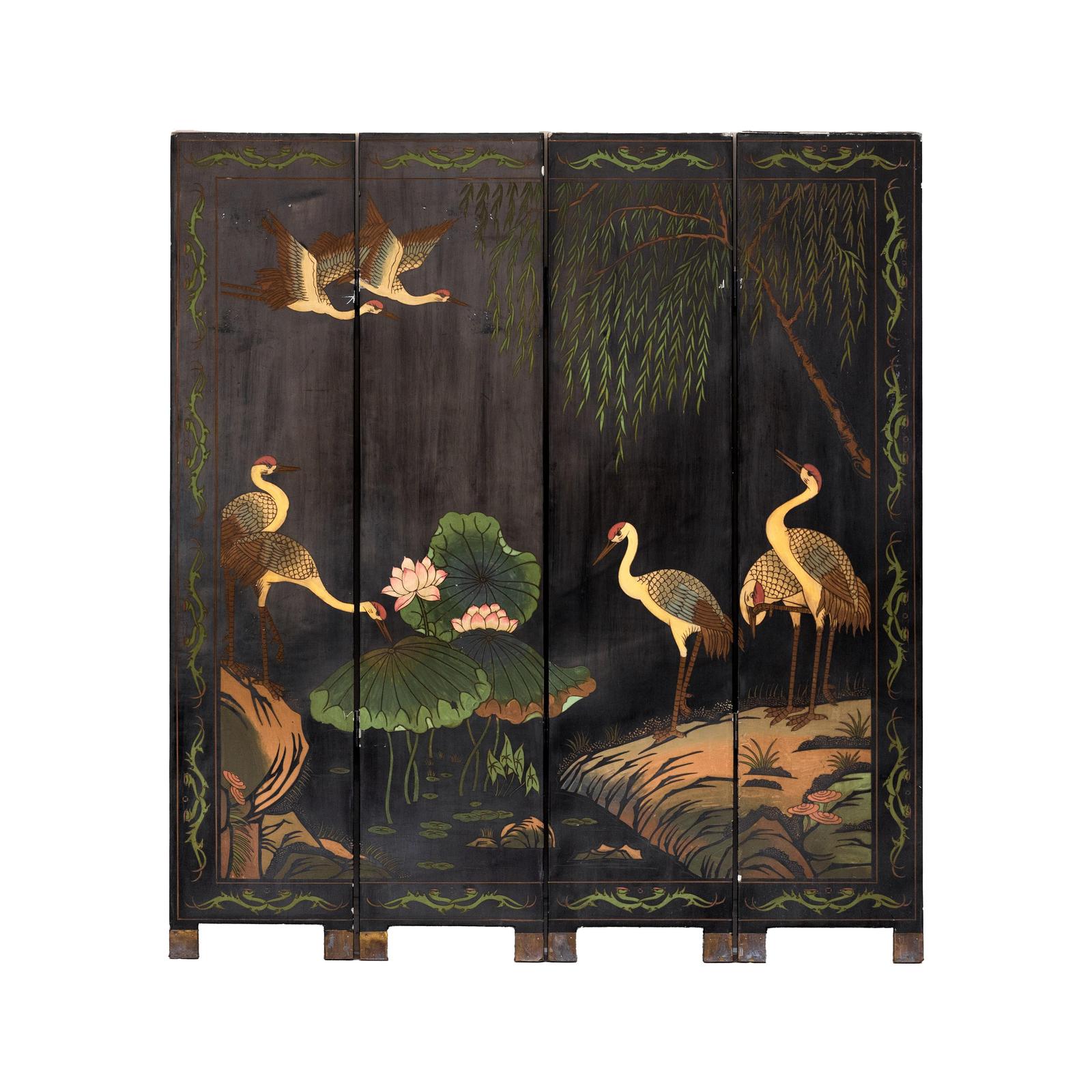 Black Lacquer Four-Panel Hand-Painted Screen with Red-Crown Cranes -Vintage-9. Asian &amp; Chinese Furniture, Art, Antiques, Vintage Home Décor for sale at FEA Home