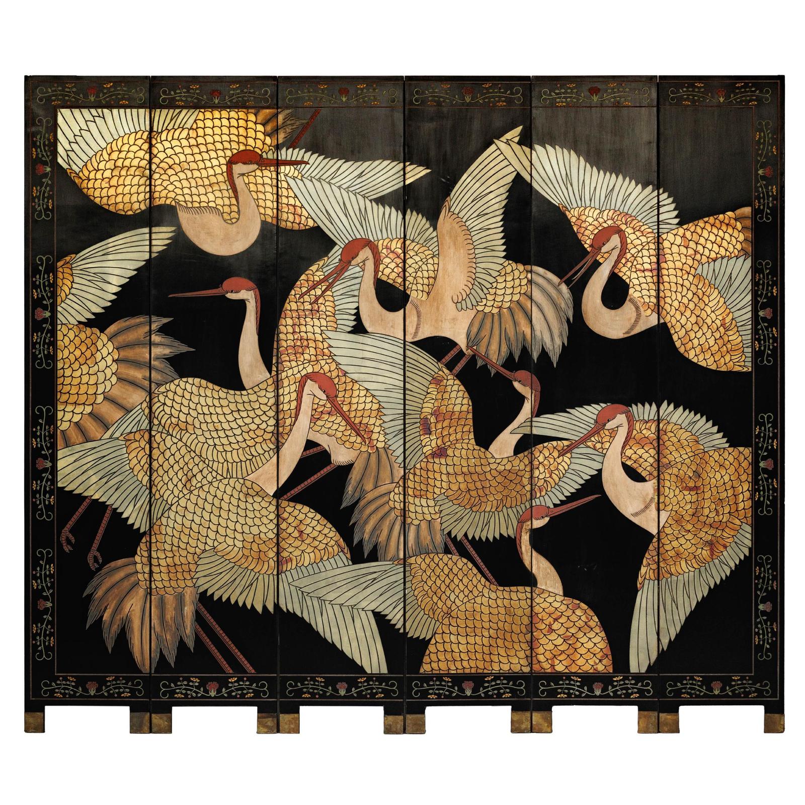 Black Lacquer Six-Panel Screen Divider with Hand-Painted Red-Crested Cranes-1. Asian & Chinese Furniture, Art, Antiques, Vintage Home Décor for sale at FEA Home