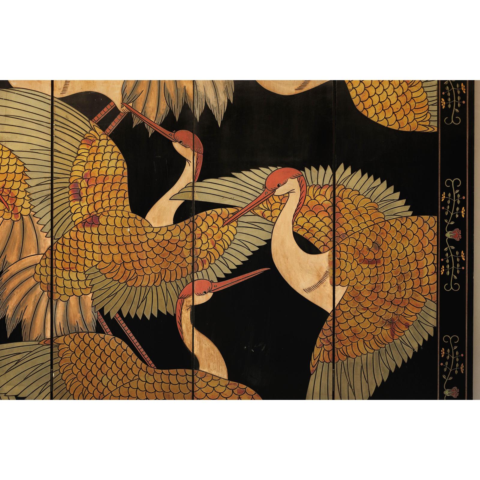 Black Lacquer Six-Panel Screen Divider with Hand-Painted Red-Crested Cranes-10. Asian &amp; Chinese Furniture, Art, Antiques, Vintage Home Décor for sale at FEA Home