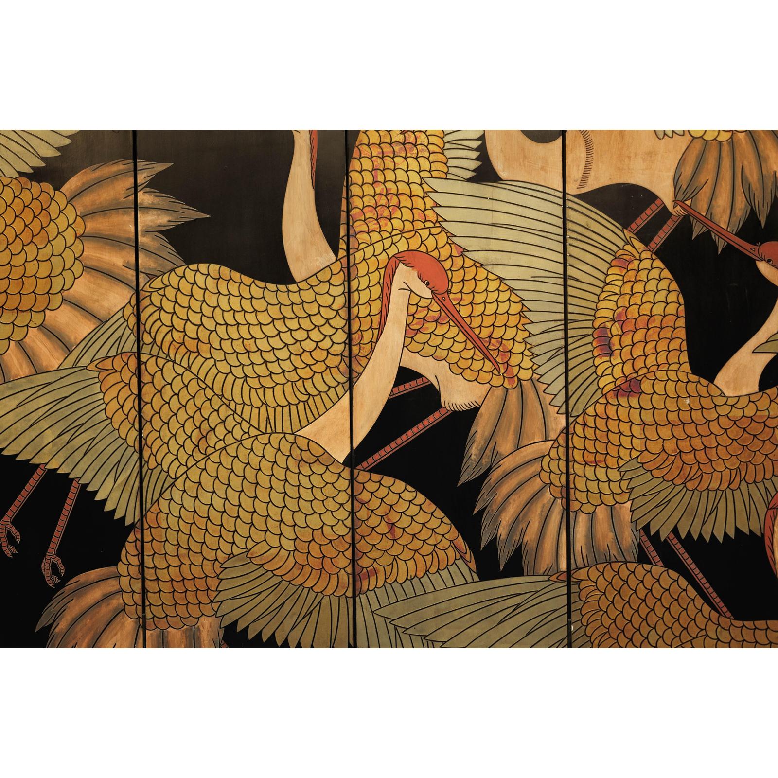 Black Lacquer Six-Panel Screen Divider with Hand-Painted Red-Crested Cranes-11. Asian &amp; Chinese Furniture, Art, Antiques, Vintage Home Décor for sale at FEA Home