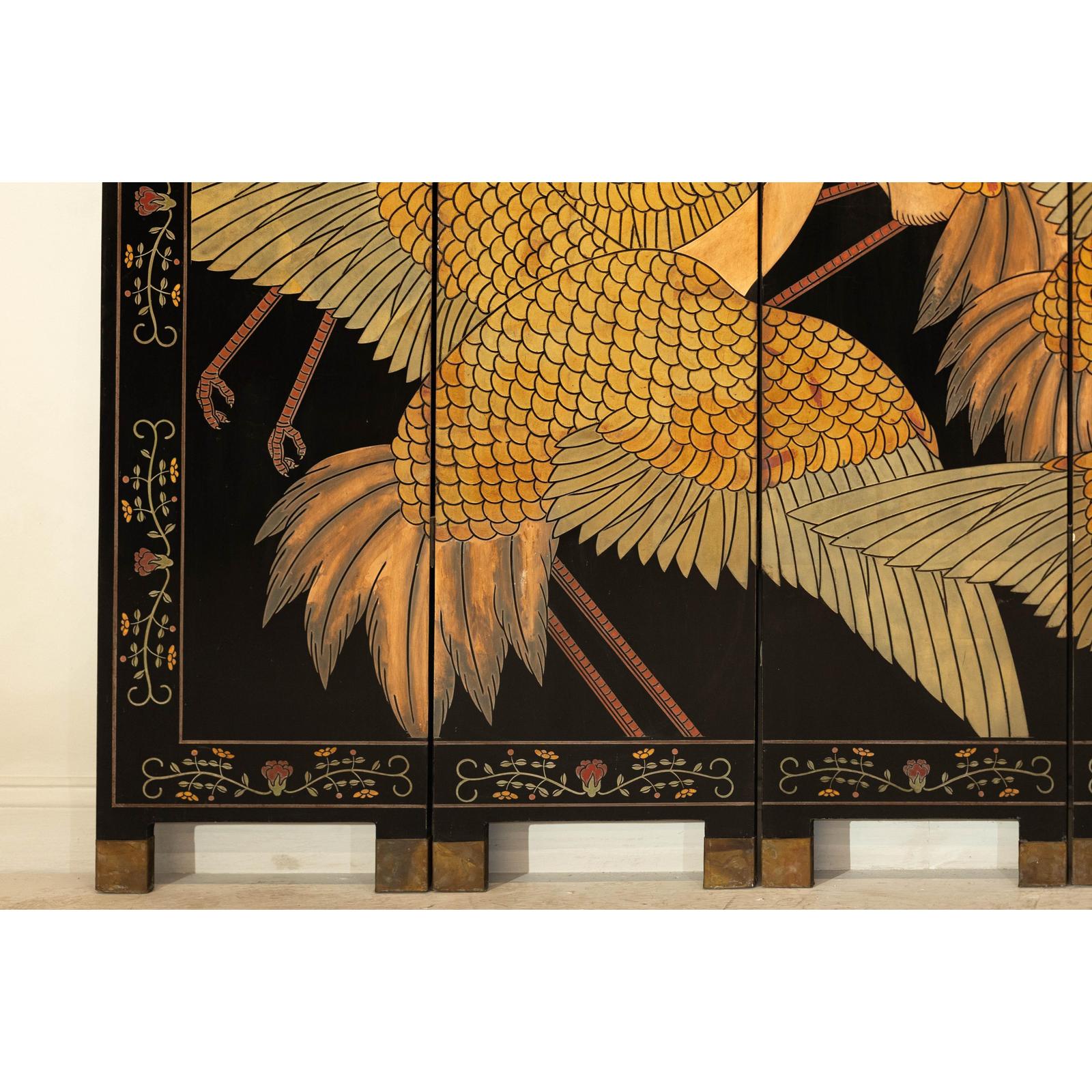 Black Lacquer Six-Panel Screen Divider with Hand-Painted Red-Crested Cranes-12. Asian &amp; Chinese Furniture, Art, Antiques, Vintage Home Décor for sale at FEA Home