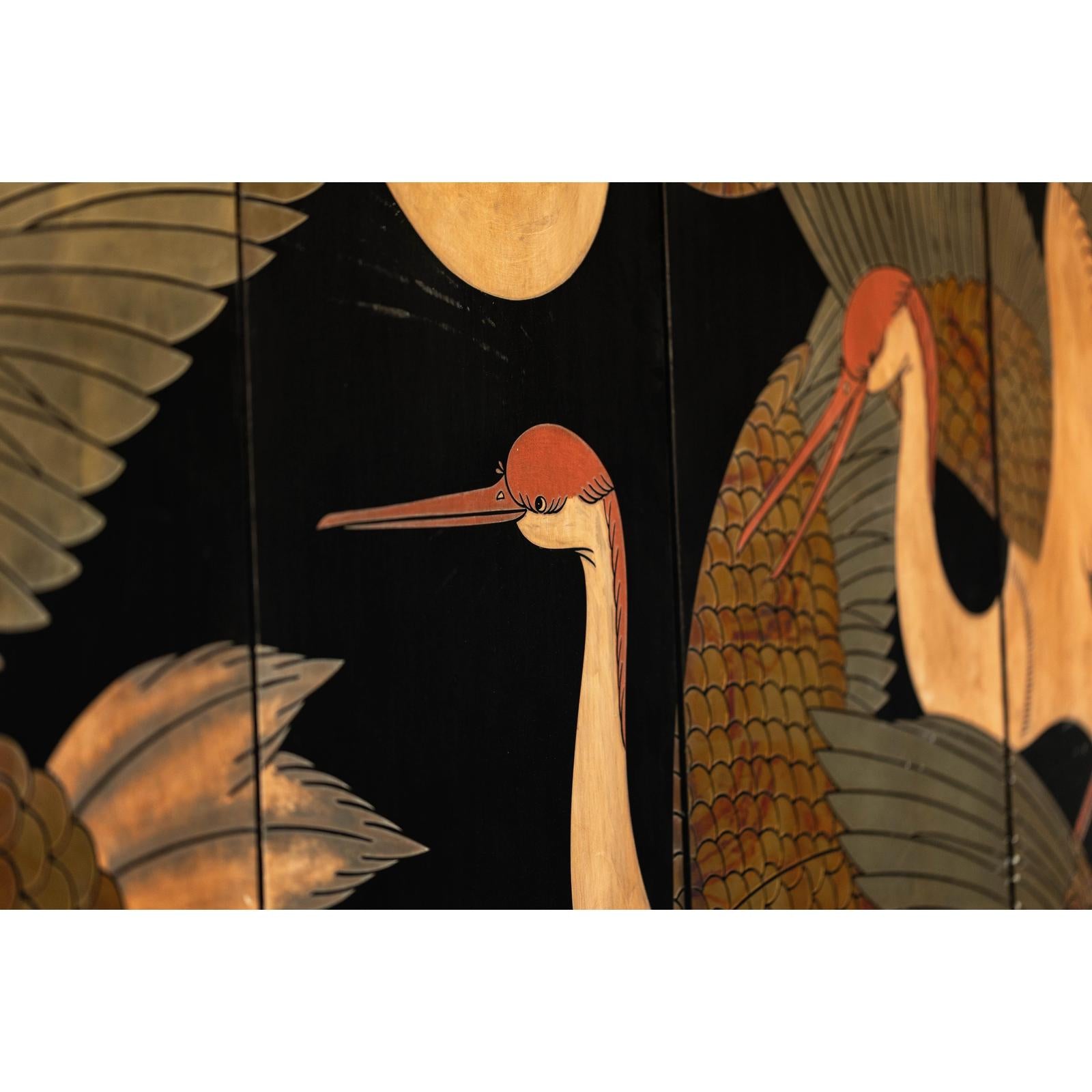 Black Lacquer Six-Panel Screen Divider with Hand-Painted Red-Crested Cranes-13. Asian &amp; Chinese Furniture, Art, Antiques, Vintage Home Décor for sale at FEA Home
