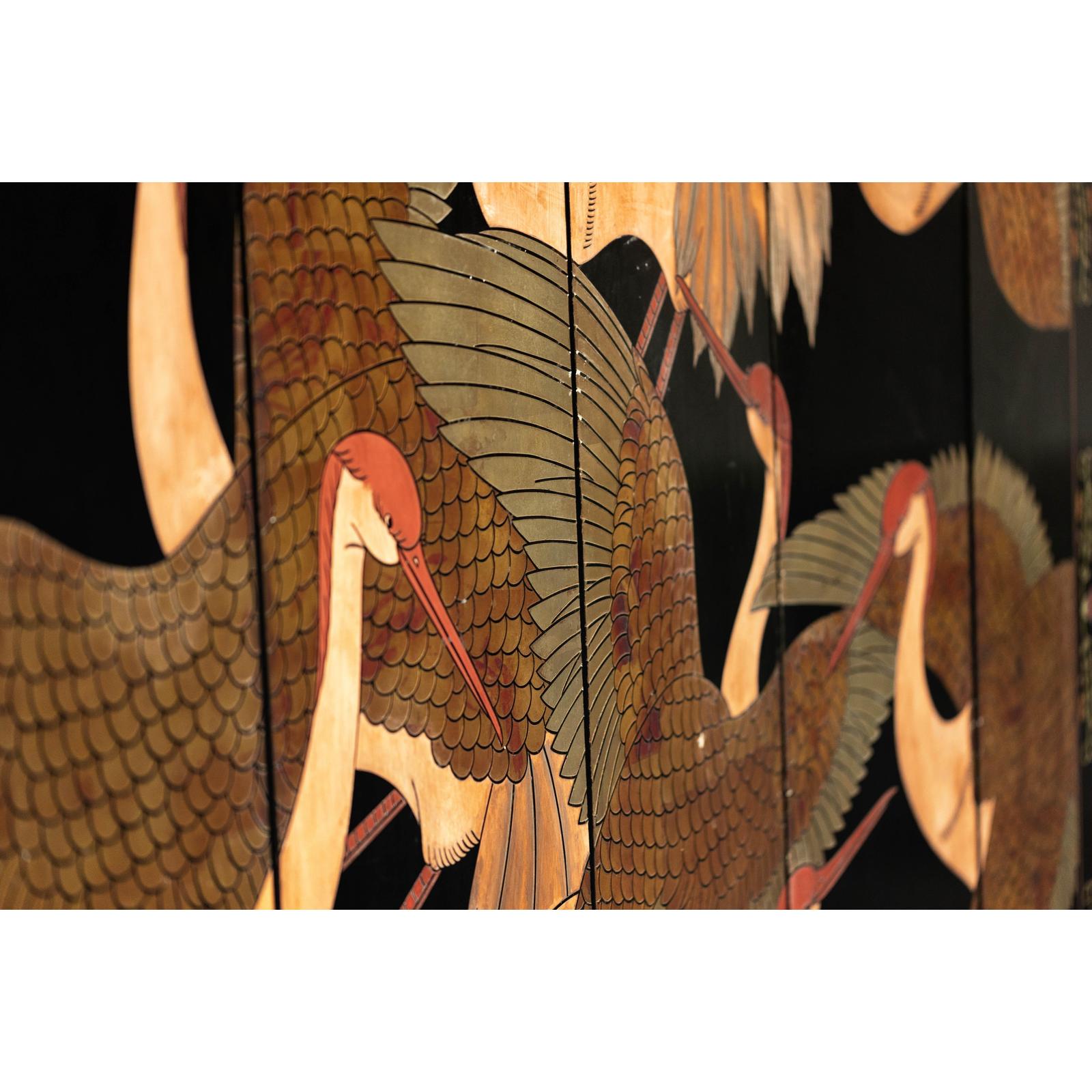 Black Lacquer Six-Panel Screen Divider with Hand-Painted Red-Crested Cranes-14. Asian &amp; Chinese Furniture, Art, Antiques, Vintage Home Décor for sale at FEA Home