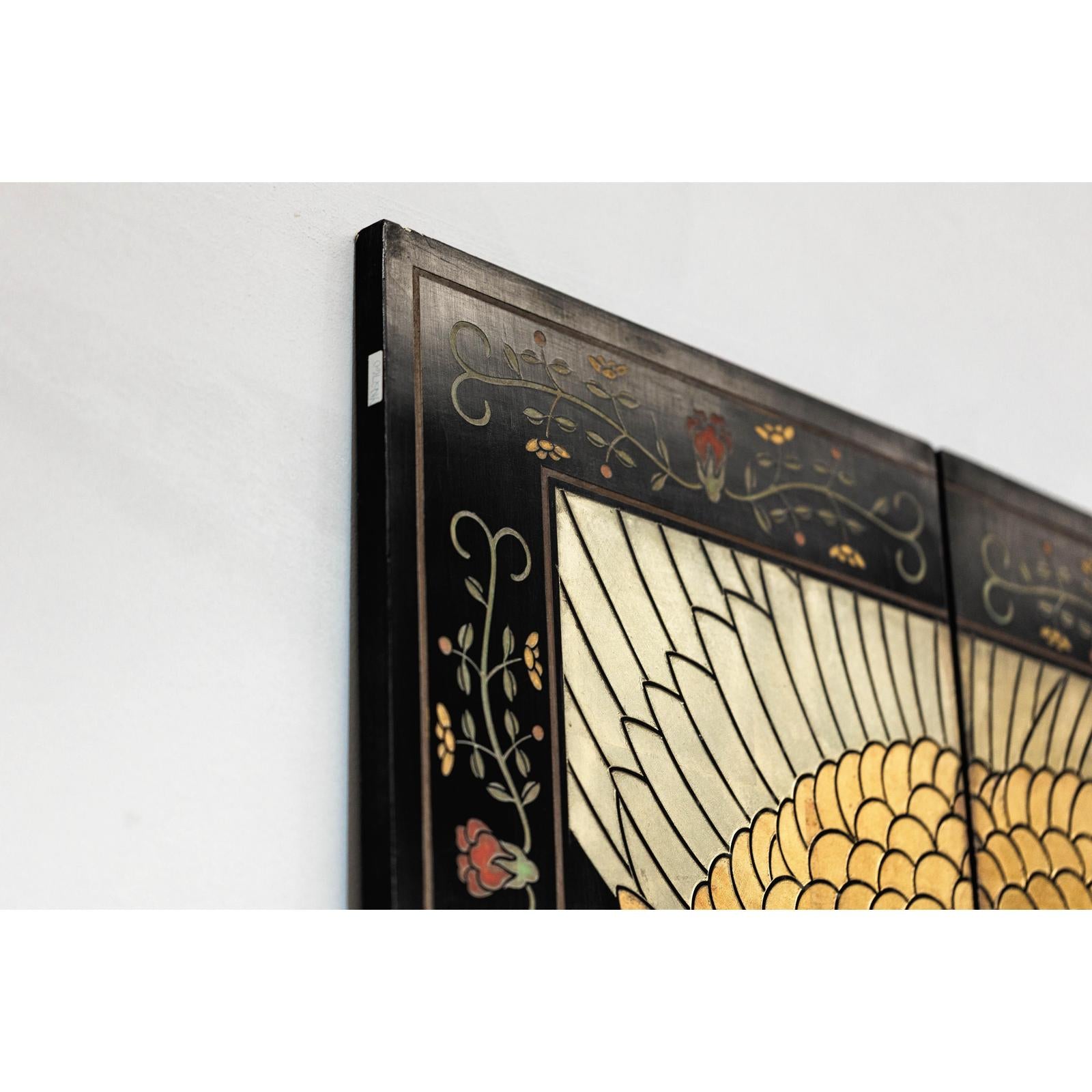 Black Lacquer Six-Panel Screen Divider with Hand-Painted Red-Crested Cranes-15. Asian &amp; Chinese Furniture, Art, Antiques, Vintage Home Décor for sale at FEA Home