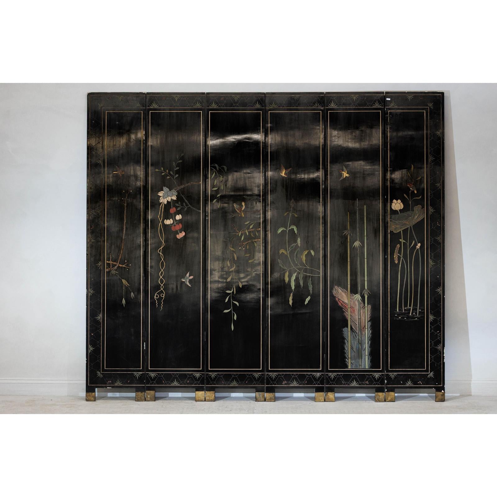 Black Lacquer Six-Panel Screen Divider with Hand-Painted Red-Crested Cranes-16. Asian &amp; Chinese Furniture, Art, Antiques, Vintage Home Décor for sale at FEA Home