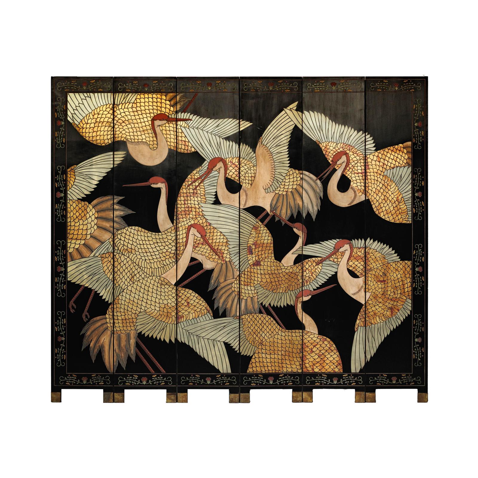 Black Lacquer Six-Panel Screen Divider with Hand-Painted Red-Crested Cranes-17. Asian &amp; Chinese Furniture, Art, Antiques, Vintage Home Décor for sale at FEA Home