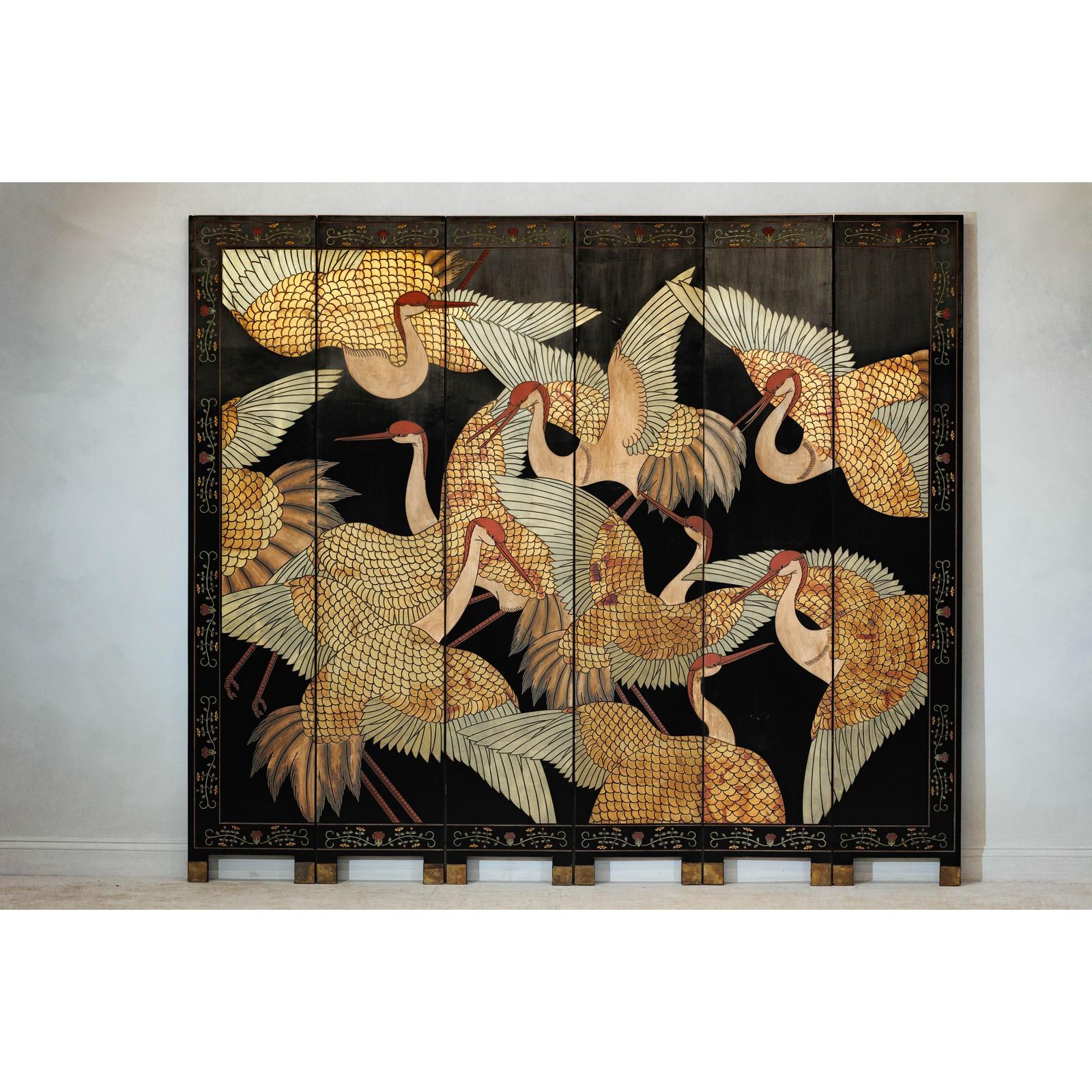 Black Lacquer Six-Panel Screen Divider with Hand-Painted Red-Crested Cranes-2. Asian & Chinese Furniture, Art, Antiques, Vintage Home Décor for sale at FEA Home