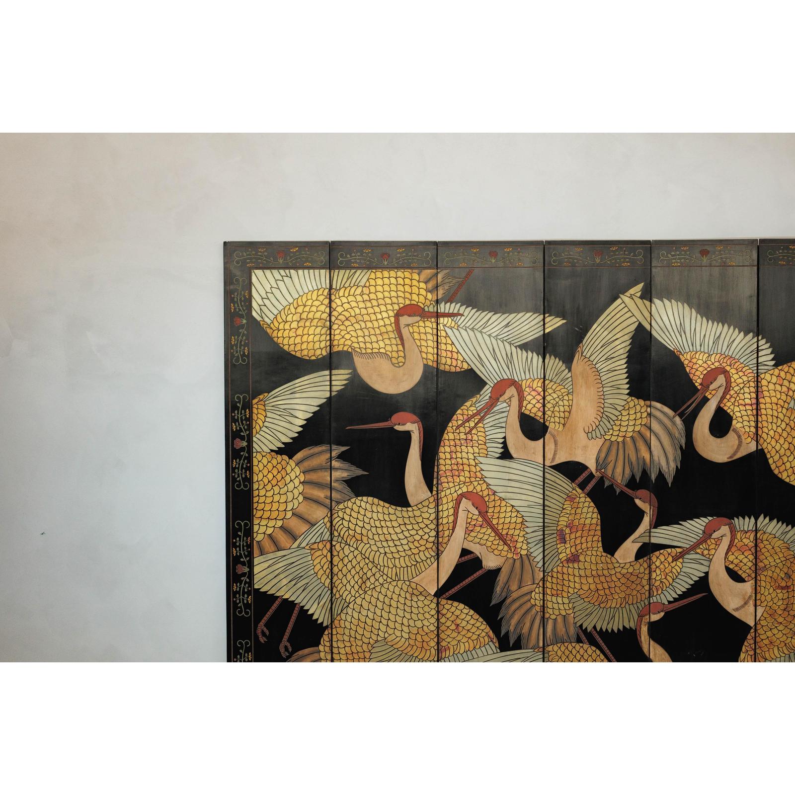 Black Lacquer Six-Panel Screen Divider with Hand-Painted Red-Crested Cranes-3. Asian &amp; Chinese Furniture, Art, Antiques, Vintage Home Décor for sale at FEA Home