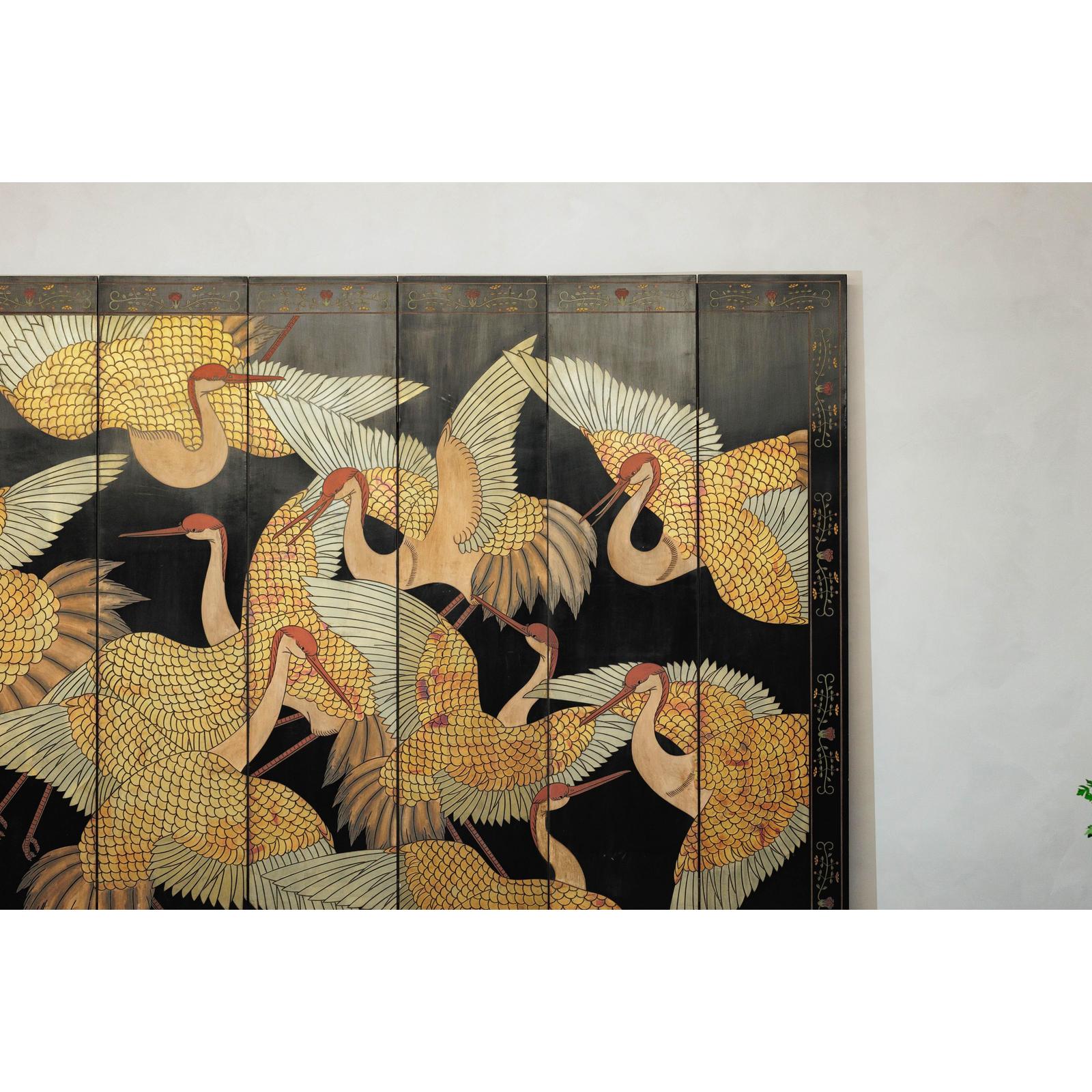 Black Lacquer Six-Panel Screen Divider with Hand-Painted Red-Crested Cranes-4. Asian &amp; Chinese Furniture, Art, Antiques, Vintage Home Décor for sale at FEA Home