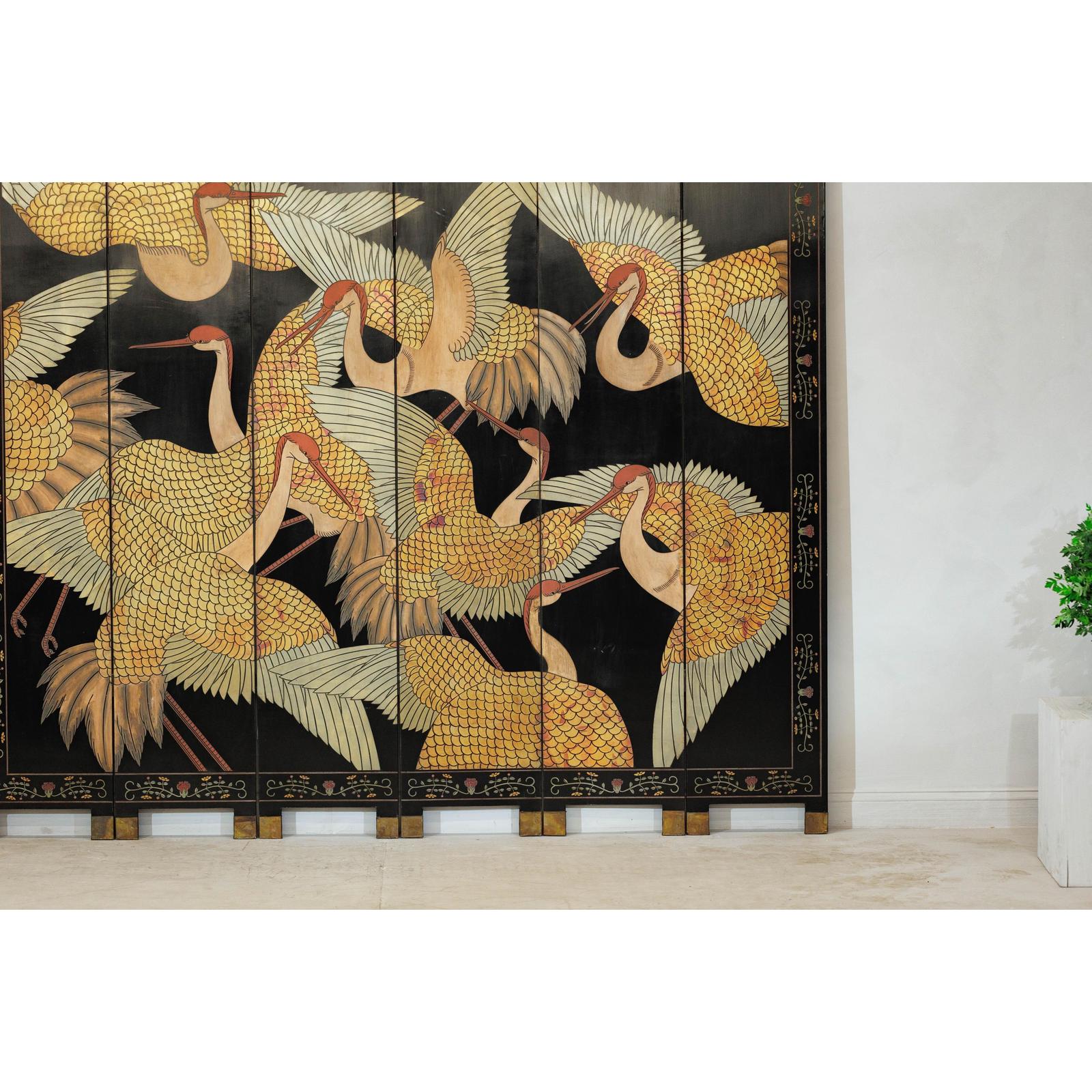 Black Lacquer Six-Panel Screen Divider with Hand-Painted Red-Crested Cranes-5. Asian &amp; Chinese Furniture, Art, Antiques, Vintage Home Décor for sale at FEA Home