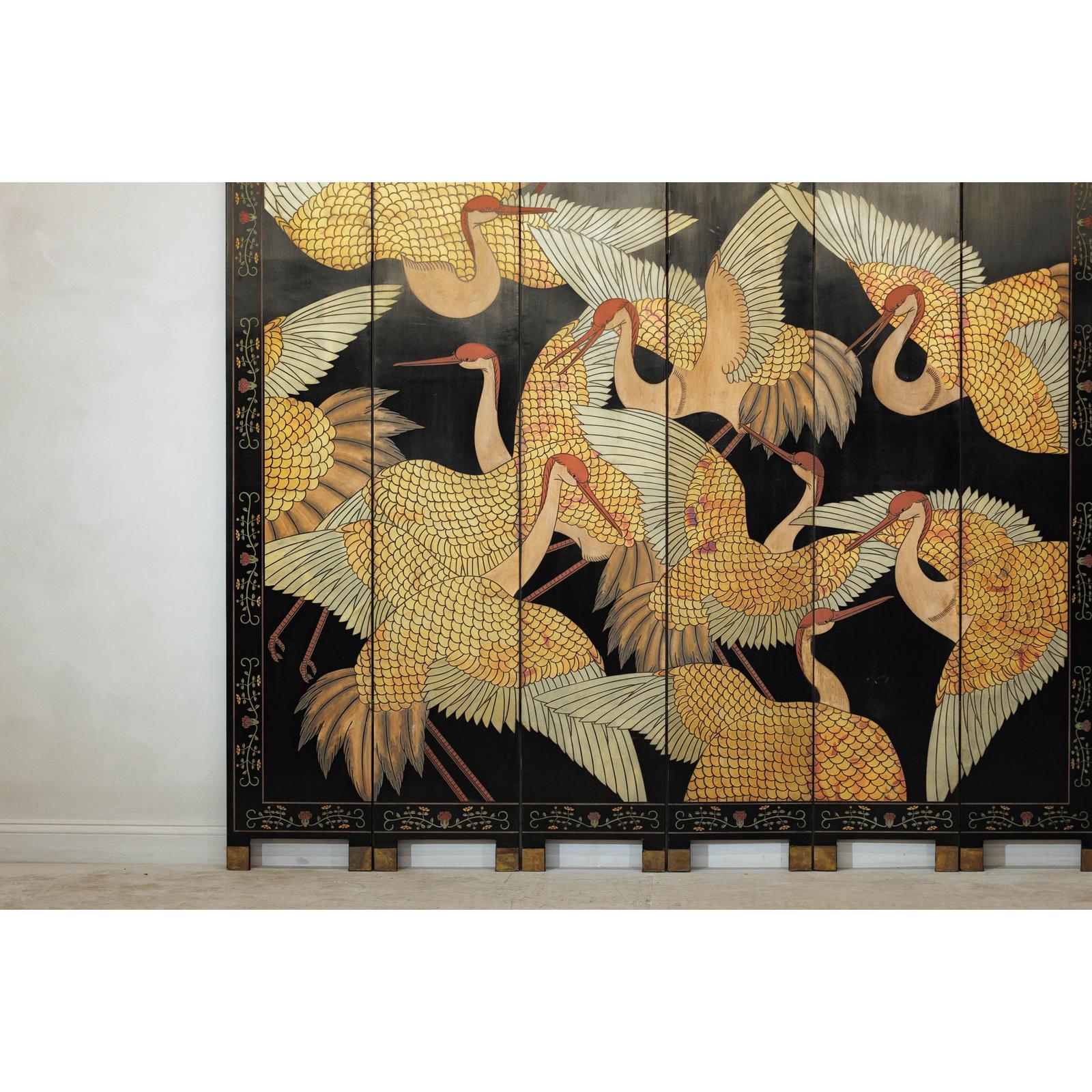 Black Lacquer Six-Panel Screen Divider with Hand-Painted Red-Crested Cranes-6. Asian &amp; Chinese Furniture, Art, Antiques, Vintage Home Décor for sale at FEA Home