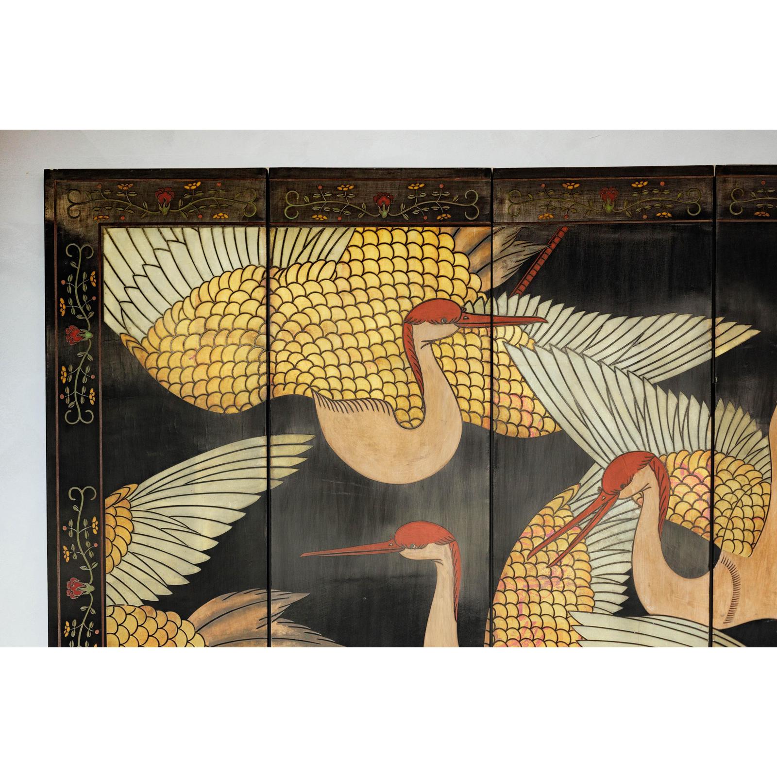 Black Lacquer Six-Panel Screen Divider with Hand-Painted Red-Crested Cranes-7. Asian &amp; Chinese Furniture, Art, Antiques, Vintage Home Décor for sale at FEA Home