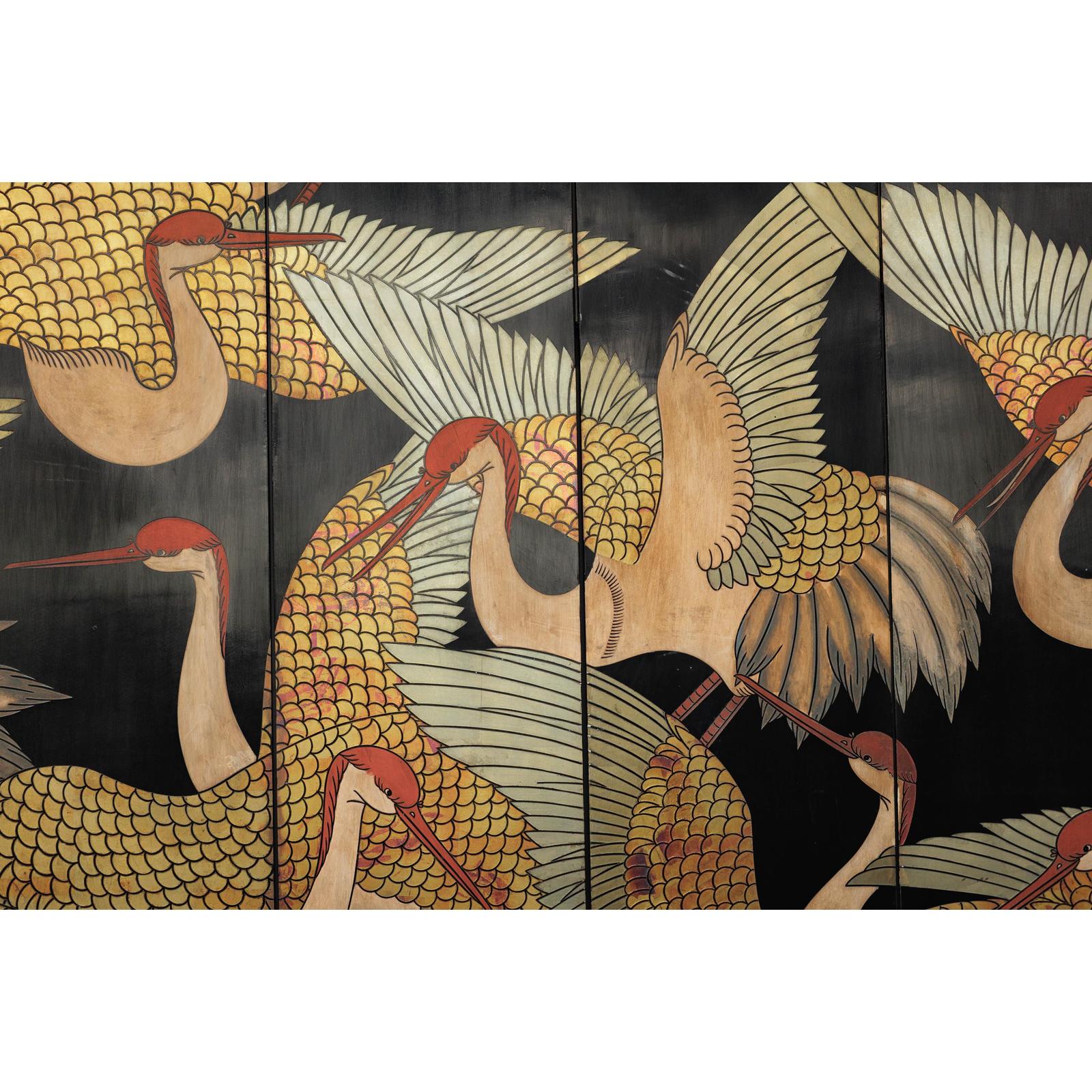 Black Lacquer Six-Panel Screen Divider with Hand-Painted Red-Crested Cranes-8. Asian &amp; Chinese Furniture, Art, Antiques, Vintage Home Décor for sale at FEA Home